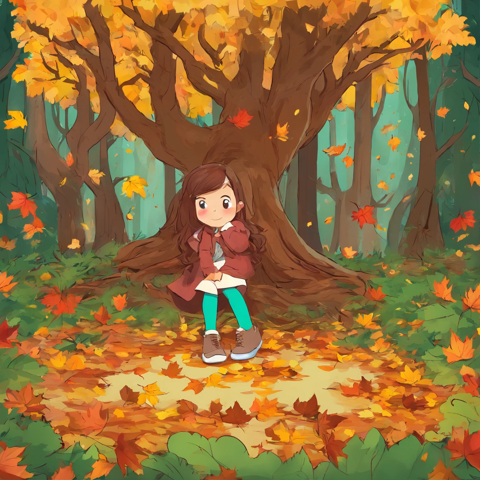 (best quality,4k,8k,alta resolução,masutepiece:1.2),ultra-detalhado, A pile of fallen leaves,cena colorida do outono,Lonely fox,raposa bonito,floresta de outono, menina em um manto feito de folhas de bordo,Esconder menina,tree roots,Dia chuvoso,ambiente sereno,maple trees,Folhas coloridas, menina colorida bonita,folhas verde-escuras e alaranjadas,,Tasty-looking nuts,ambiente tranquilo,natural lighting,gotas de chuva suaves,