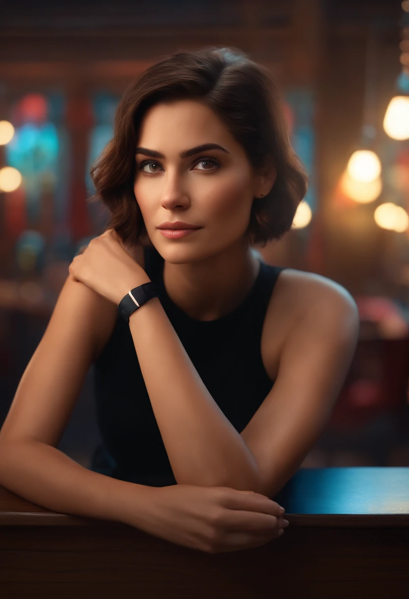 filme Marketing 2023 estilo filmes Pixar, Com nome "N - Marketing", poster, With short, lighter brunette hair and a black t-shirt in front of her crossed arms.