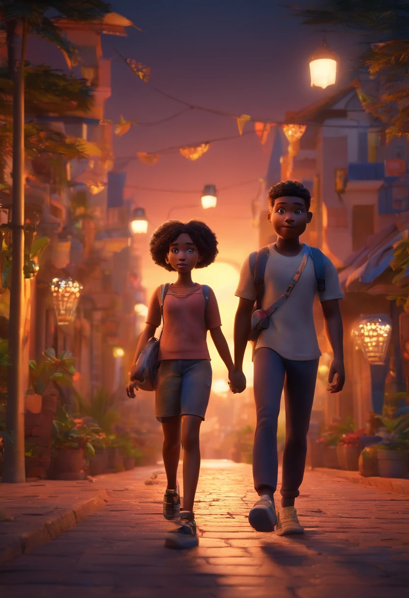 Light-skinned black boy and girl walking one night in the African city. Disney Pixar style poster