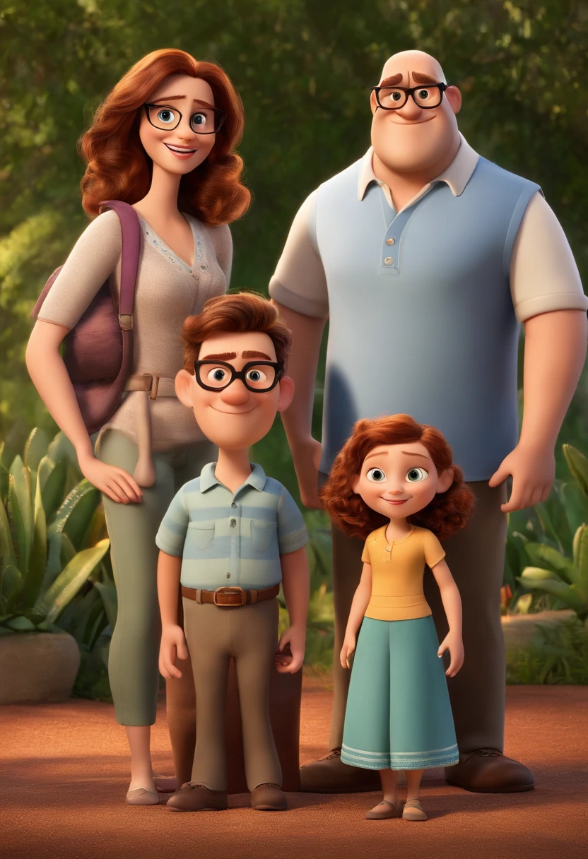 a Disney Pixar movie poster showing a white-skinned family. The father is the tallest, Tem barba cheia,wears glasses is bald,sem cabelos, tem nariz largo e grande. The mother is overweight, tem cabelos ruivos na altura do ombro,olhos castanhos, o  tem 9 anos, Brown hair thrown from the 3D rendering
