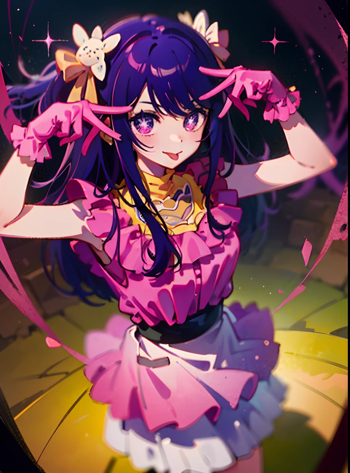 1girl, Full body, cowboy shot,
(Rembrandt), illustration, (巨作), (Best Quality), (ultra_Detailed), delicate details, (Depth-of-field),
Heshinoai,gloves, tongue out, tongue, long  hair, star \(symbol\), looking at the scenes, (purple hair:1.2), purple eyes, Upper body, hair decoration, :p, frills, pink shirt, smile, sleeveless, shirt, Idol, Symbol-Shaped Pupils, hands up, explosions, one side up, Star-Shaped Pupils, arms up, Hoshino AI mode 
Pull Dress,
Bustling twenties, isometric, from above, sky, flower, cliff,