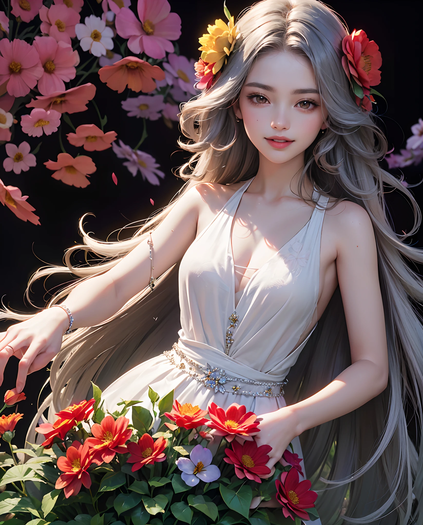 absurdres, highres, (official art, beautiful and aesthetic:1.2), half body, half body potrait,Front composition, 
1girl, (long hair:1.2), gray hair, wavy hair, smile, 
(all over the flower garden:1.6), (Flower Effects:1.2), (Floral Background:1.2), (Background filled with flowers:1.4), (Flashy background:1.1),