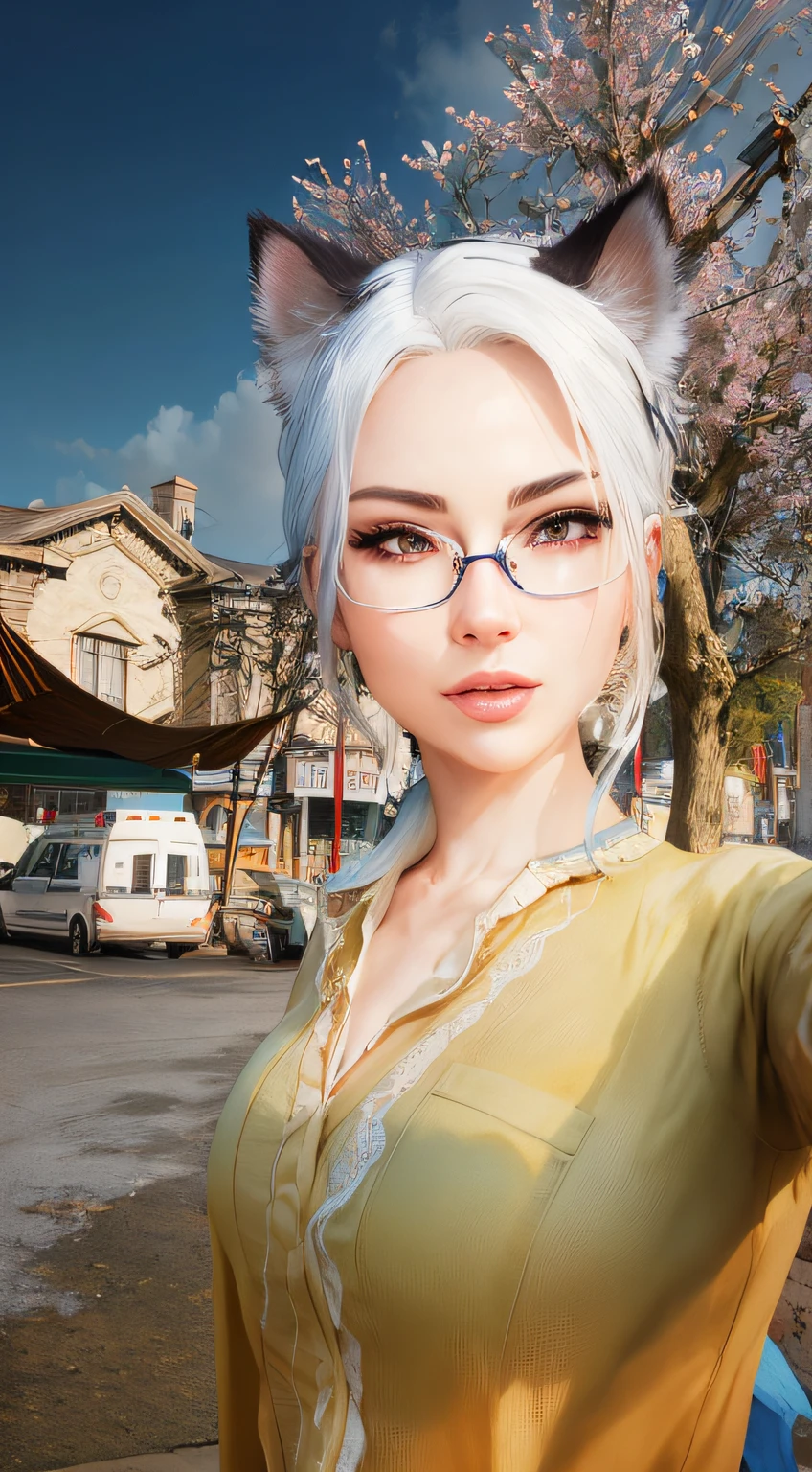there is a woman with a cat ear and glasses taking a selfie, fashion gameplay screenshot, character close up, close up character, blond hair, big breast, visible cleavage, glasses, female character, girl with white hair, photorealistic body, photorealistic artstyle, realistic shaded perfect body