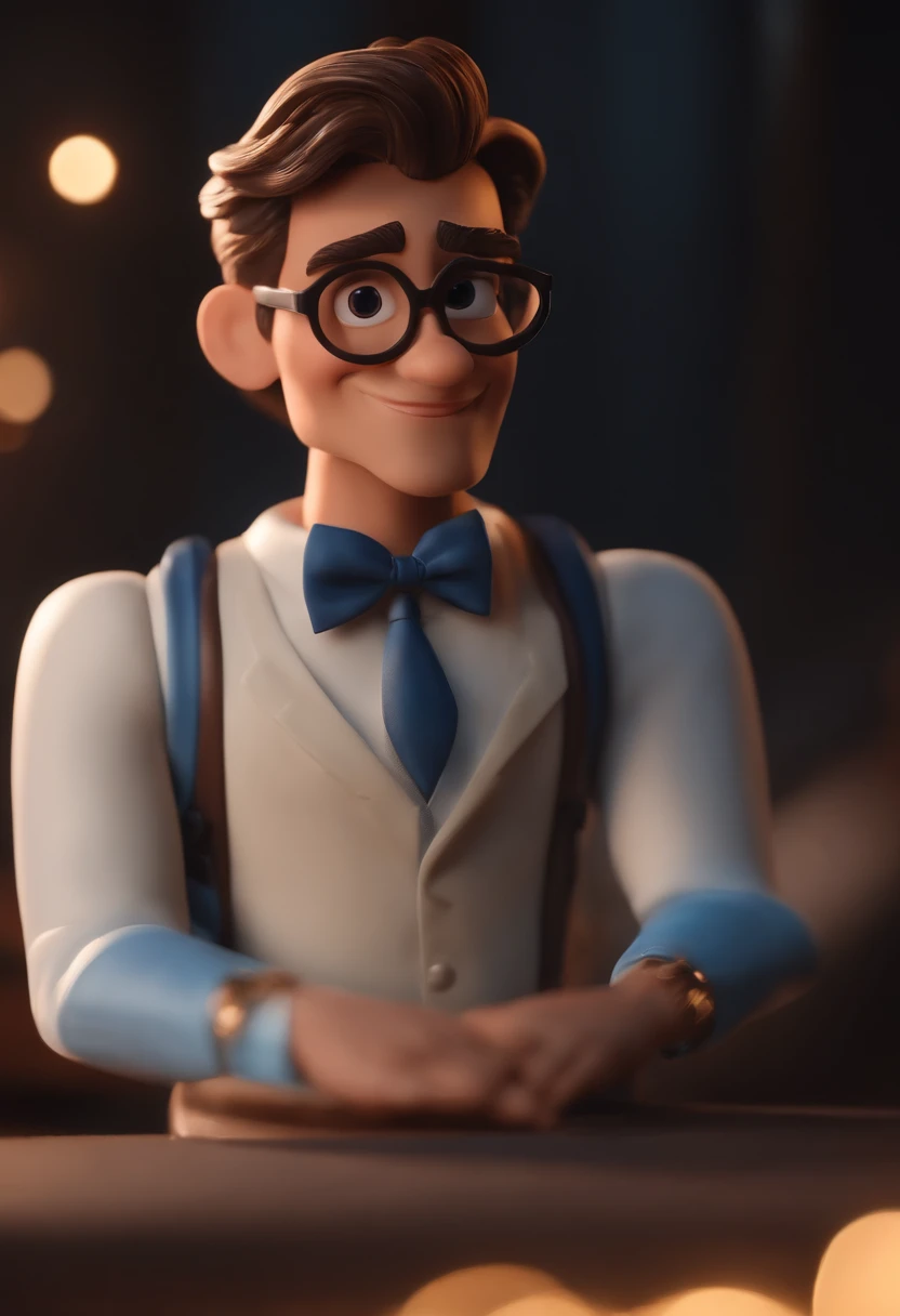 Garoto 25 anos, estilo disney, tom de pele: claro:  Cabelo: marrom escuro, liso, curto, penteado para o lado direito. camisa: social, Cor azul. Fundo: Gray and white gradient,Comemorando, Hands raised, sorrindo, feliz, (estilo pixar) (obra-prima:1.2) (bokeh) (melhor qualidade) (pele detalhada) (textura detalhada) (8k) (claymation) (cinematic lighthing) (foco nítido