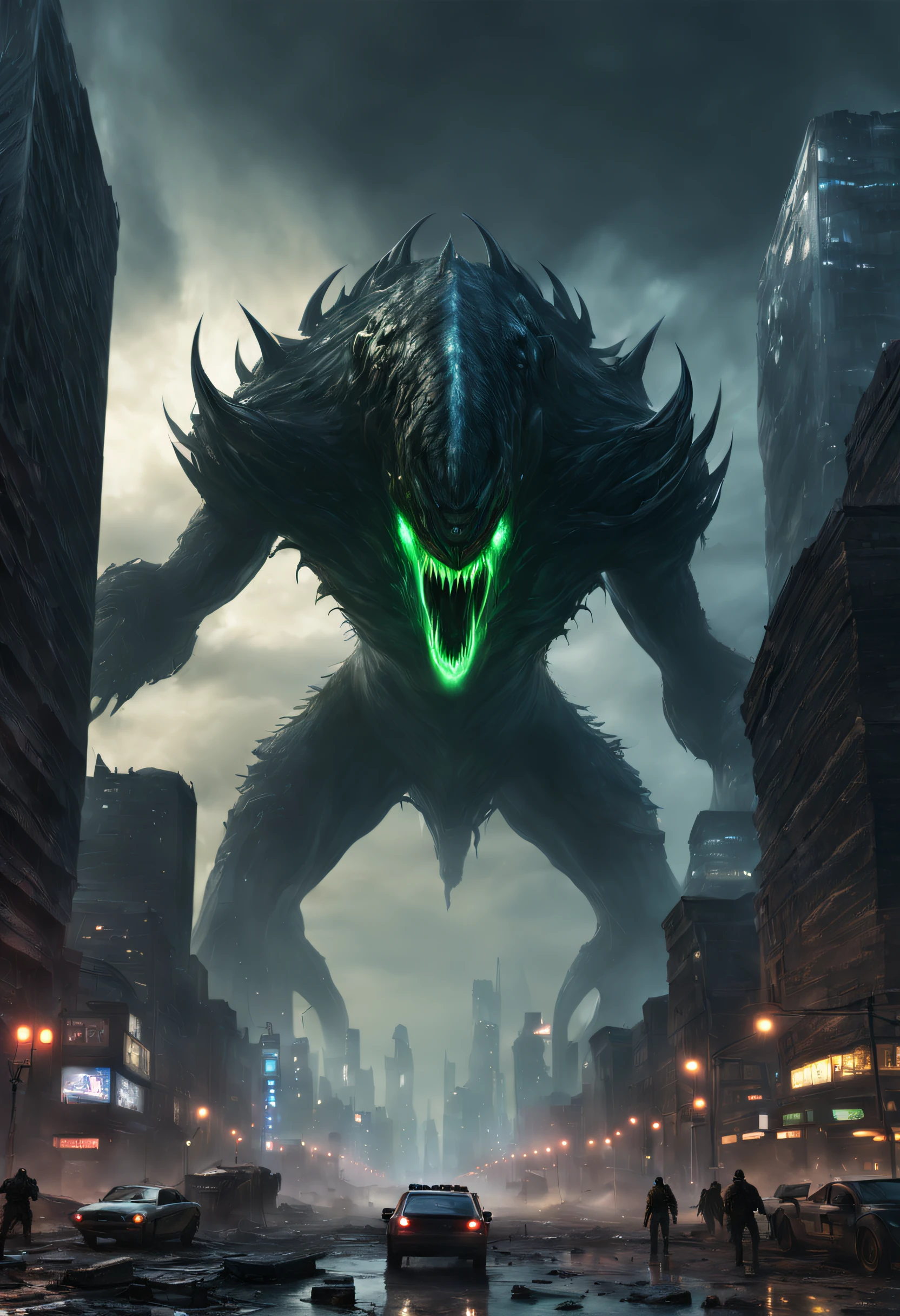 (highres,best quality),
giant sci-fi creature,gigantic sci-fi beast,humongous sci-fi monster, towering sci-fi entity, towering alien creature, colossal extraterrestrial being,massive alien organism,majestic sci-fi titan,immense futuristic creature,huge sci-fi behemoth,
destroyed metropolis,devastated city,ruined urban landscape,dystopian cityscape,apocalyptic city skyline,wrecked city ruins,demolished urban environment,crumbling city streets,desolate downtown area,
scattered skyscrapers,crushed buildings,shattered infrastructure,damaged roads and bridges,wrecked vehicles,fallen debris,burning wreckage,smoke-filled air,deserted city,
glowing eyes,gleaming eyes,fierce eyes,menacing eyes,luminous eyes,piercing eyes,powerful eyes,ominous eyes,Illuminate eyes,
sharp teeth,razor-sharp fangs,ferocious jaws,powerful jaws,huge open mouth,long tongue,lashing tongue,slimy saliva,venomous saliva,
enormous feet,giant stomping feet,destructive feet,massive claws,razor-sharp talons,crushing force,
scales-covered skin,shimmering skin,thick armored hide,alien texture,iridescent surface,bioluminescent patterns,
dark and menacing atmosphere,sinister and brooding mood,ominous and foreboding environment,apocalyptic ambiance,mysterious and eerie setting,
cinematic lighting,dramatic lighting,eerie lighting,surreal lighting,otherworldly lighting,
ominous shadows,descending shadows,creeping shadows,
explosions and destruction,carnage and devastation,chaos and panic,
epic battle,heroic resistance,desperate fight for survival,
cityscape in ruins,lives in ruins,a colossal monster towers over the city,
the city is dwarfed in comparison,city as the playground for the creature,
epic confrontation between monster and humans,
limited color palette,dark and moody color scheme,
vibrant neon lights,pulsating electric hues.