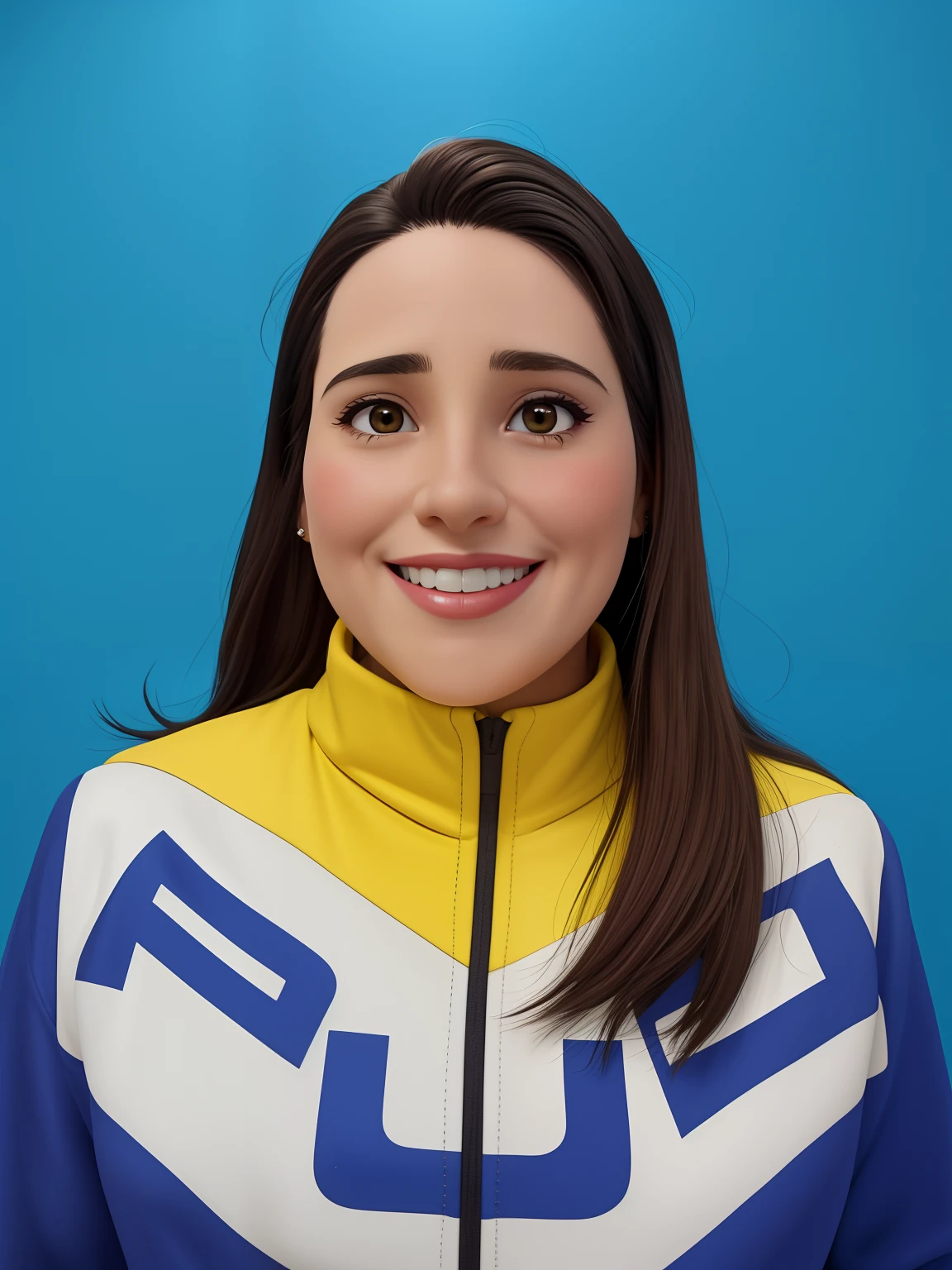 a 48-year-old woman, con el pelo largo y negro , Cara triangular, sonrisa encantadora, y ojos negros, en un aula, Studio lighting,