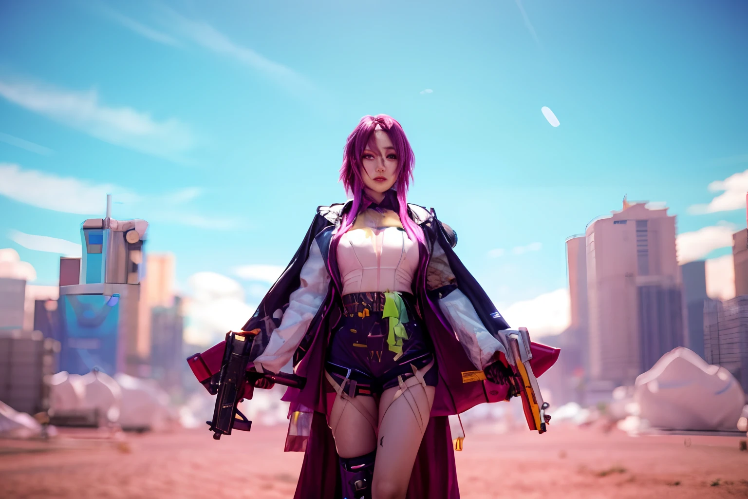 araffe dressed in a costume and holding a gun, vi from arcane, as overwatch character, female cyberpunk anime girl, cyberpunk femme fatale, cyberpunk character, cyberpunk hero, katana zero video game character, cyberpunk angry gorgeous goddess, render of april, as an overwatch character, 8k octae render photo, cyberpunk anime girl, female lead character, A girl, she holds a gun in both hands and is standing in a modern, futuristic city:2,