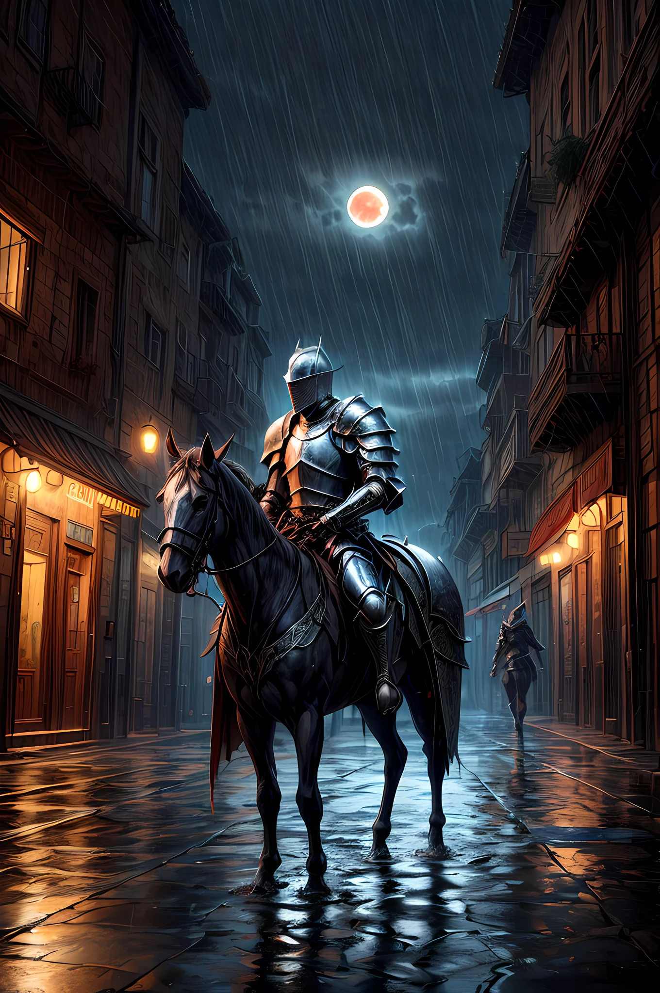 fantasy art, RPG art, high details, best quality, 16k, RAW, [best detailed], masterpiece, best quality, (extremely detailed), (full body: 1.2), ultra wide shot, photorealistic, a (noble woman knight: 1.3) rides his horse in the dark streets of a medieval town, its raining heavy rain, the rain drops on the noble knight, drops on the street, puddles in the street,  the  knight wears (heavy armor :1.3), (white armor: 1.3) , wearing (purple cloak: 1.3), beautiful woman knight, long hair, blond hair, braided hair, noble face, green eyes, armed with a (intricate sword: 1.3), the street is dark, lit by torches, a (fantasy temple: 1.2) in the background, fantasy urban town setting, cloudy night, full red moon,