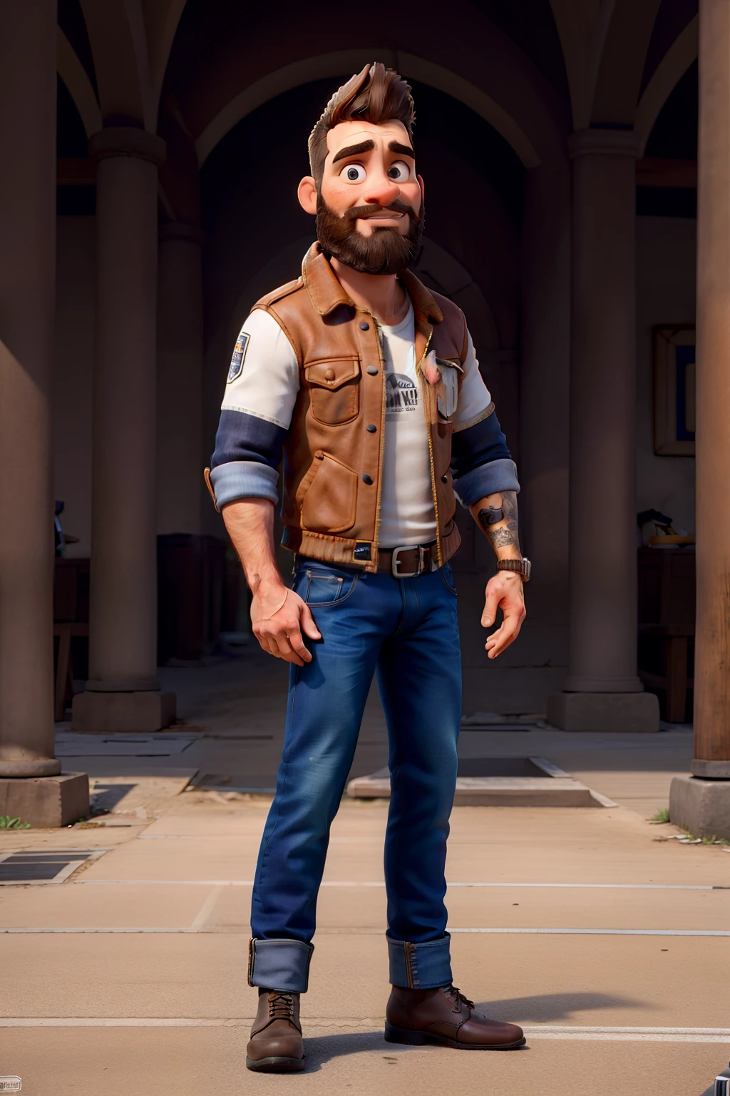 master part, best quality, um velho com barba branca e longos cabelos castanhos, vestindo uma jaqueta de couro e jeans preto, ao lado de sua motocicleta