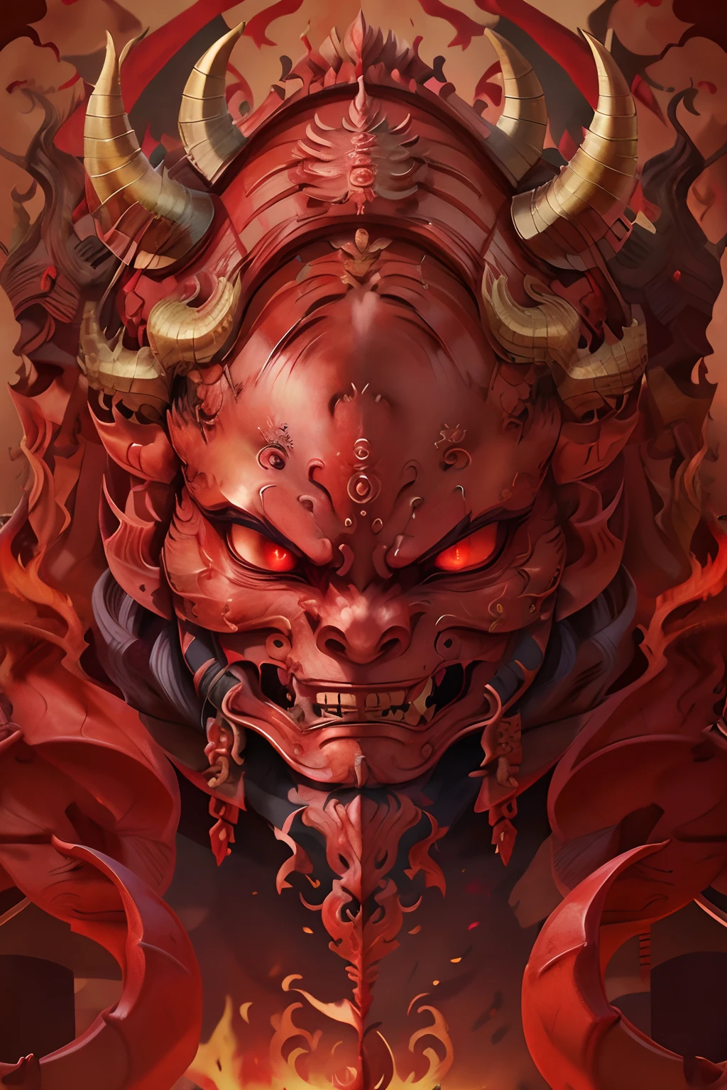 Red and fire female dragon demon mask,  full body image