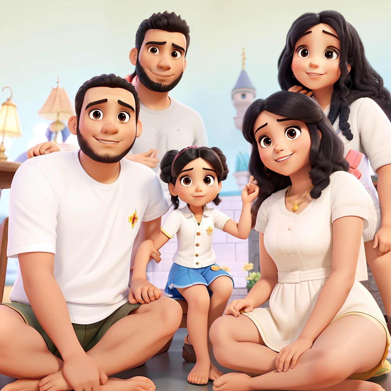 Familia reunida ( 2 homens a esquerda, A child girl in the middle, duas mulheres a direita) para foto estilo disney/pixar com fundo de estudio de princesas. Alta qualidade, nelhor qualidade