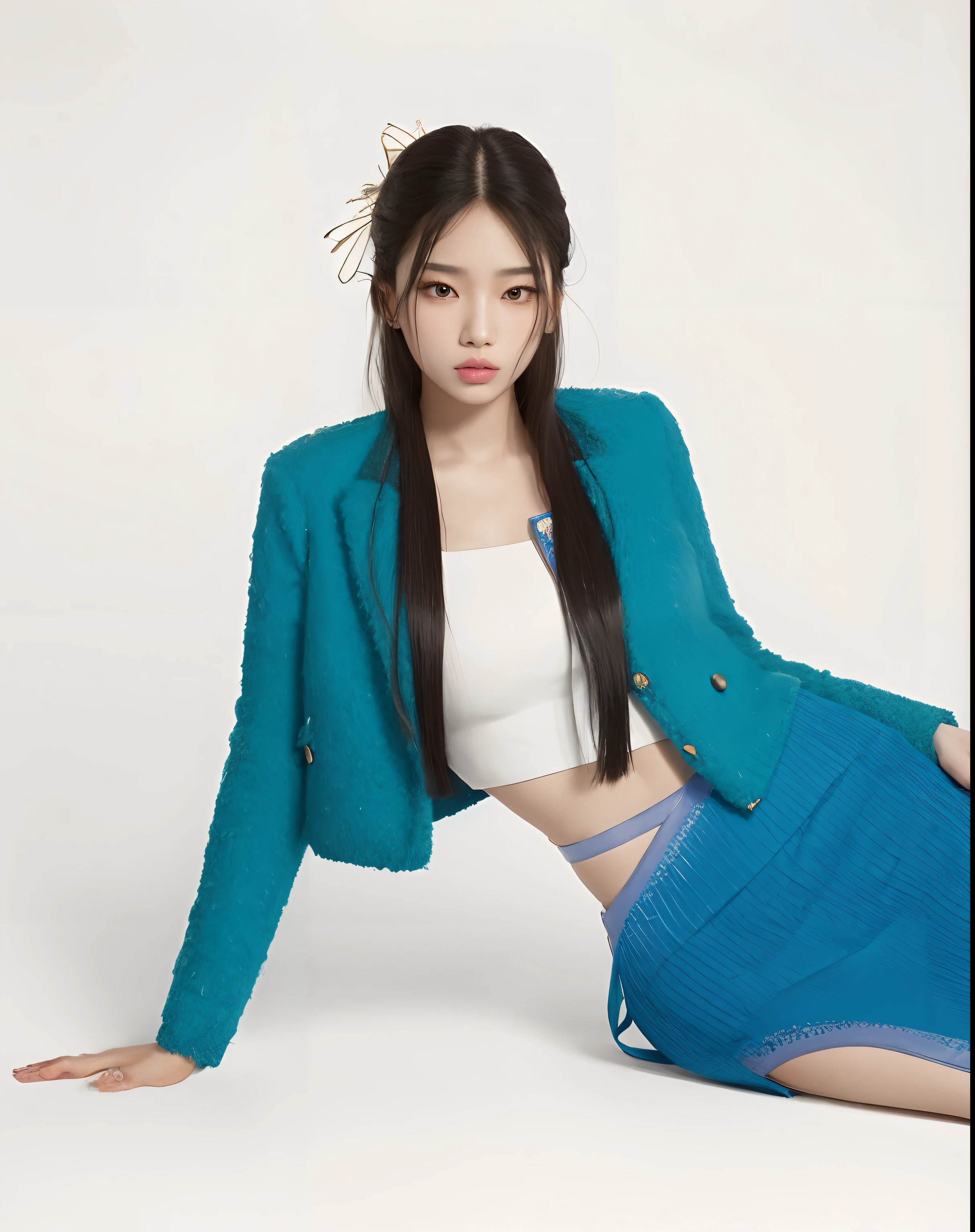 Araffe Asian woman in a blue skirt and jacket posing for a photo, jennie blackpink, Bae Suzy, Jinyoung Canela, jia, Parque Roseanne do Blackpink, Jaeyeon Nam, Heonhwa Choe, Lee Ji - Eun, Lee Ji-eun, with teal clothes, Modelo de moda feminina coreana, Gongbi, jossi do blackpink, Sha Xi