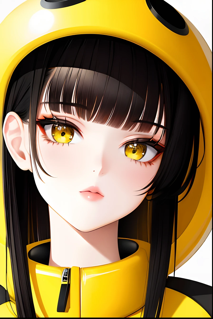 Girl, closeup shot, model like facial features, black hair, yellow puffer, white tshirt