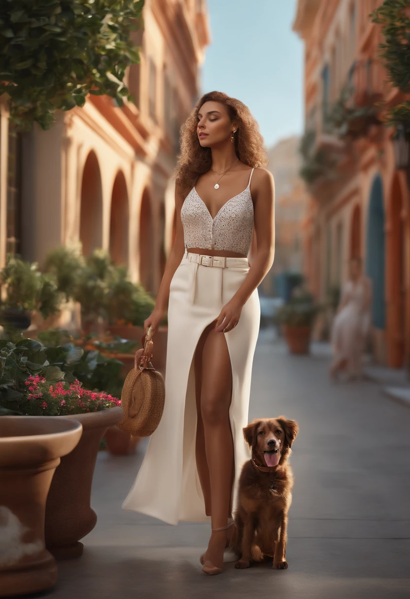 (best quality,4k,8k,highres,masterpiece:1.2),ultra-detailed,(realistic,photorealistic,photo-realistic:1.37),illustrative, 3D rendering, vibrant colors, studio lighting, precise details, engaging composition, bustling city center, veterinary clinic, charming summer vibes, focal point foreground character, woman, distinctive summer attire, wearing headphones