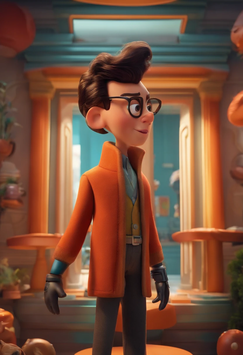 Um arquiteto de sonhos futurista, mas realista, inspired by Pixar animation, de perto. The character takes center stage with captivating facial expressions, oferecendo um toque de irrealidade.