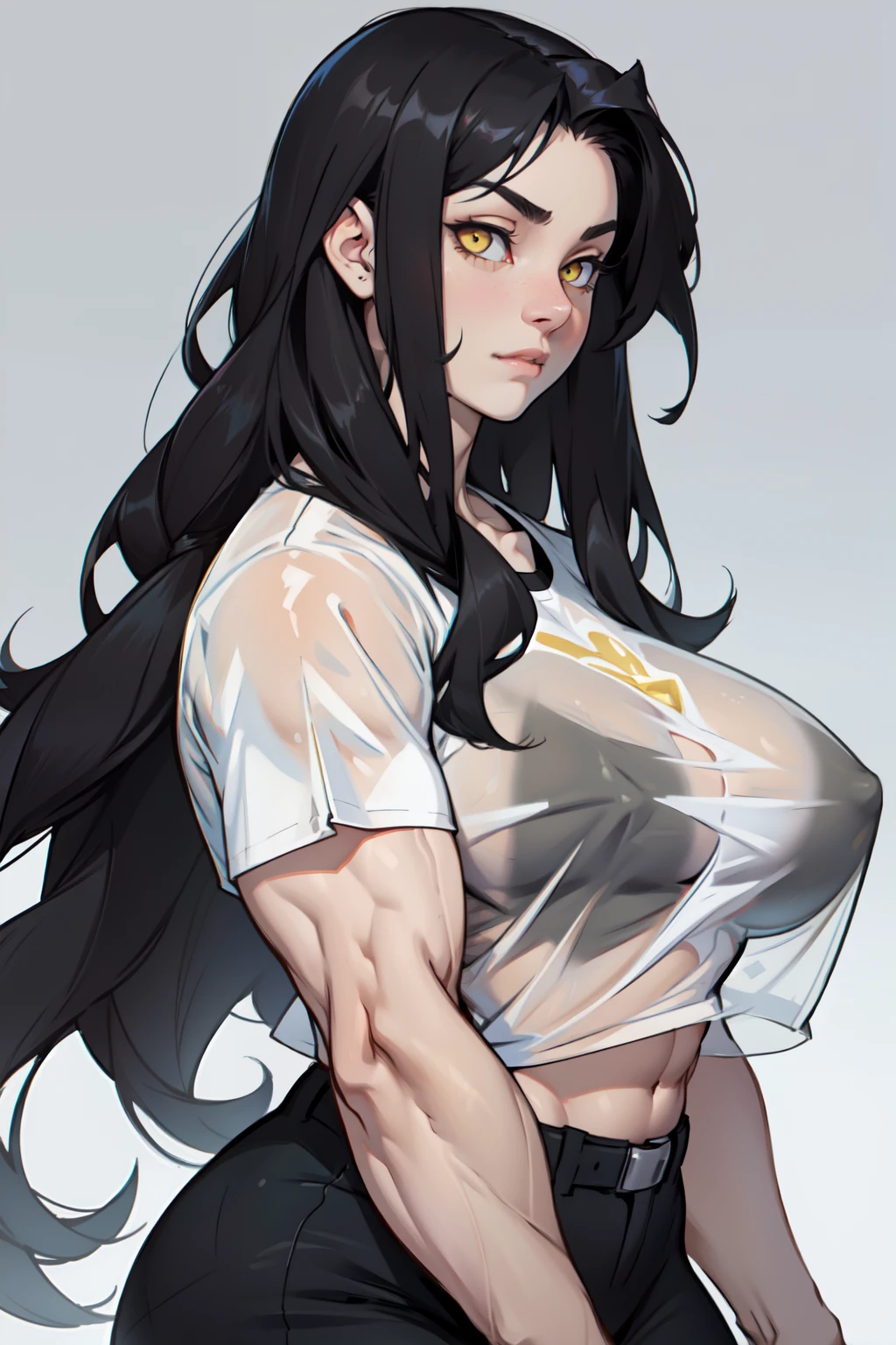 huge breasts pale skin very long hair black hair yellow eyes ((((((1 girl)))))) (((((muscular))))) (see-through shirt)