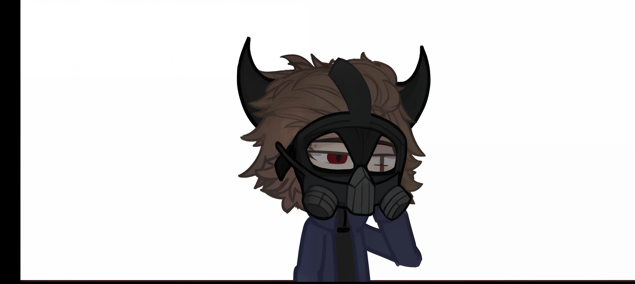 cartoon of a person with a horned head and a gas mask, chibi, unknown artstyle, varguyart style, highley detailled face, wearing all black mempo mask, halfbody headshot, discord pfp, smol, with black horns instead of ears, (smoke), cel shaded!!!, is evil gremlin, evil looking, as a dnd character