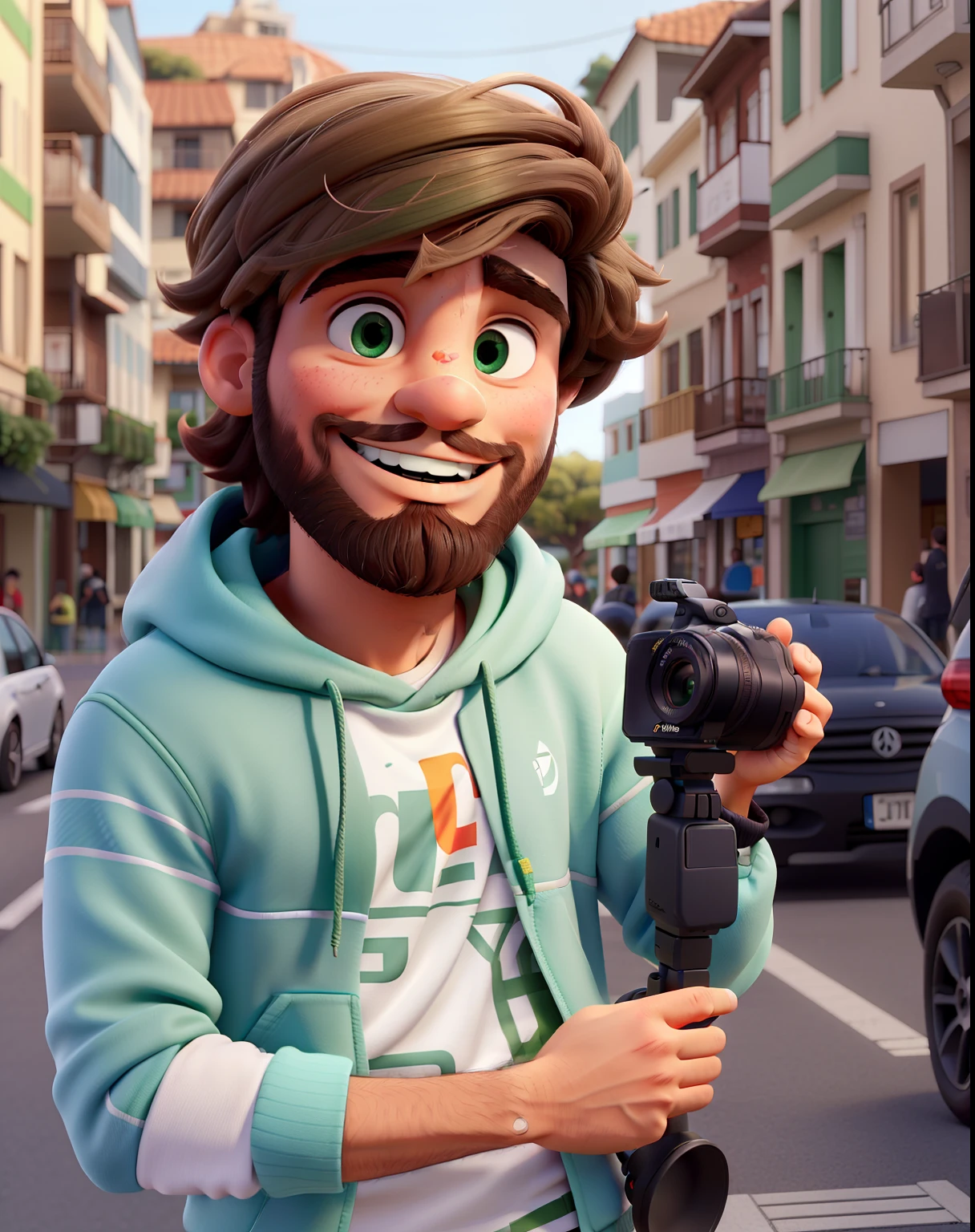 Um homem jovem, com barba media, cabelo longo e ondulado , com olhos verdes, Holding a Gimbal with a Sony Camera, vestindo um hoodie preto. contra o pano de fundo numa corrida de carros