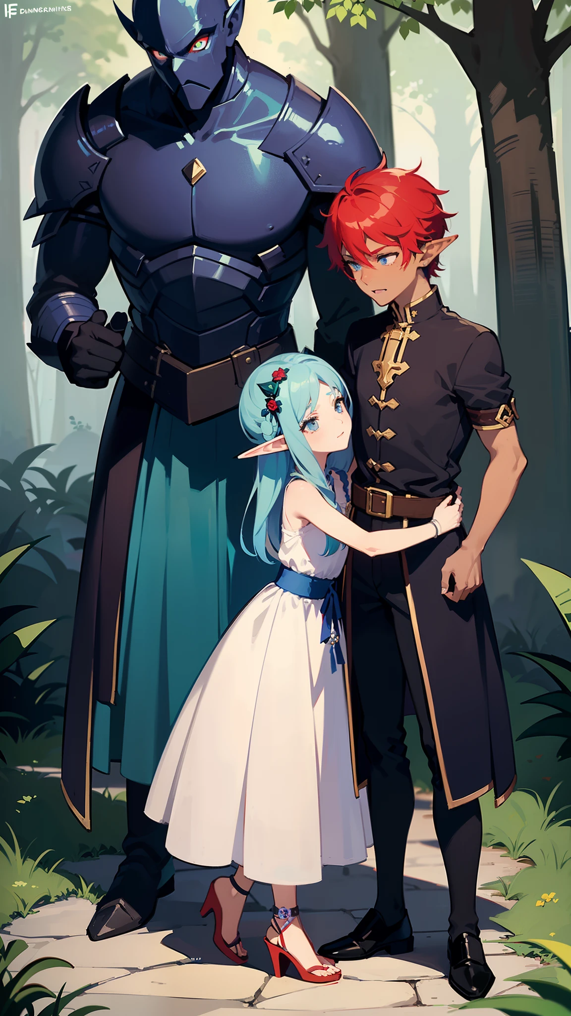 2others, couple, 1boy with 1girl, (Height difference1.3), ((elf boy) with (blue hair color)), (daemon-like girl with (red hair and girl dark skin and 2 horns)), (boy defending girl:1.25), (girl hugs boy), full body, knight and lady, fantasy, closed mouth, detailed, enchanted dark forest, dark fairy tale, unconditional love, emotional connection