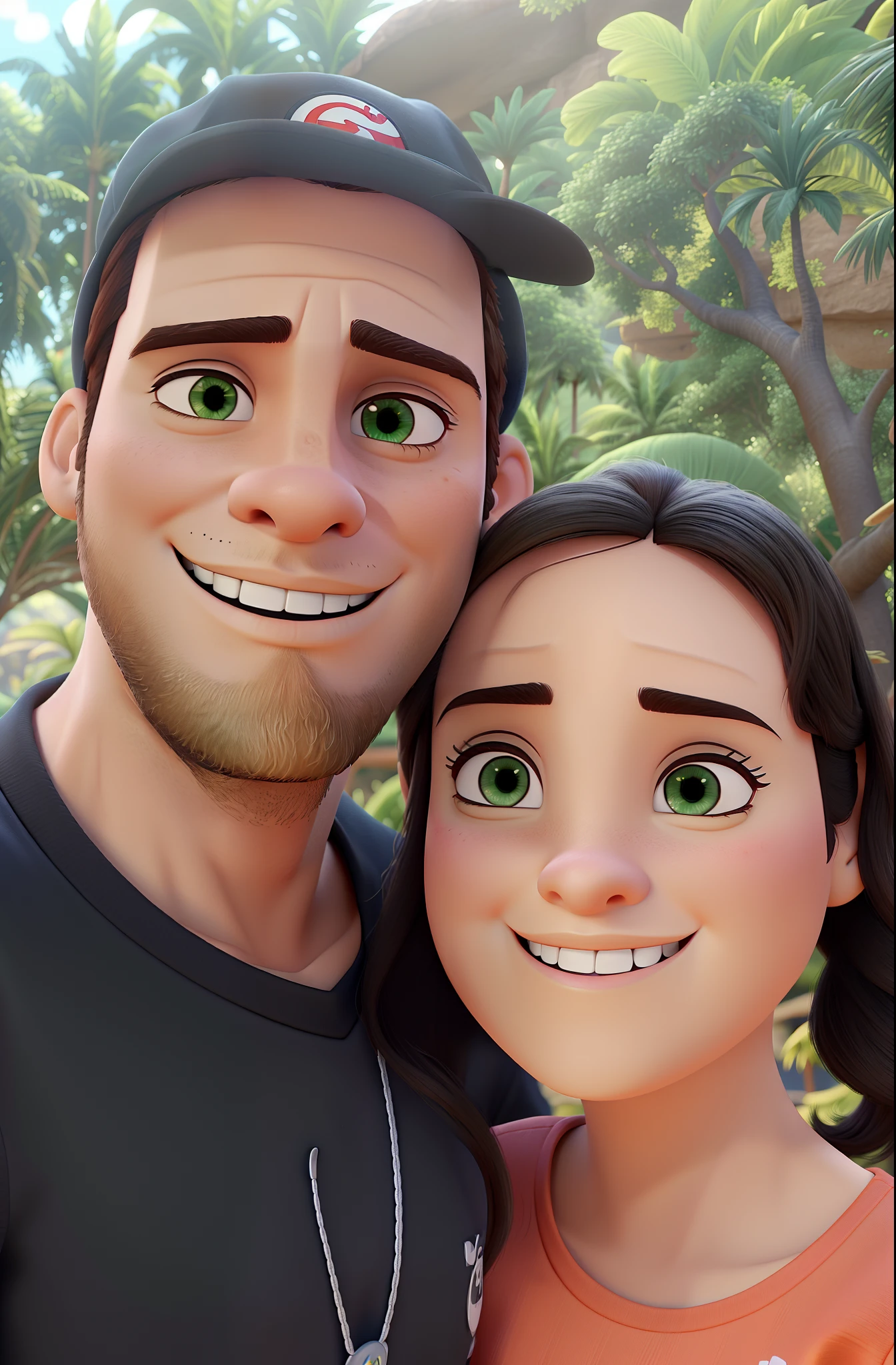 Casal estilo disney pixar melhor qualidade alta qualidade. Brunette man in black cap, barba e olhos castanhos escuros e a mulher loira olhos verdes cabelos longos lisos, cenario jurassic park