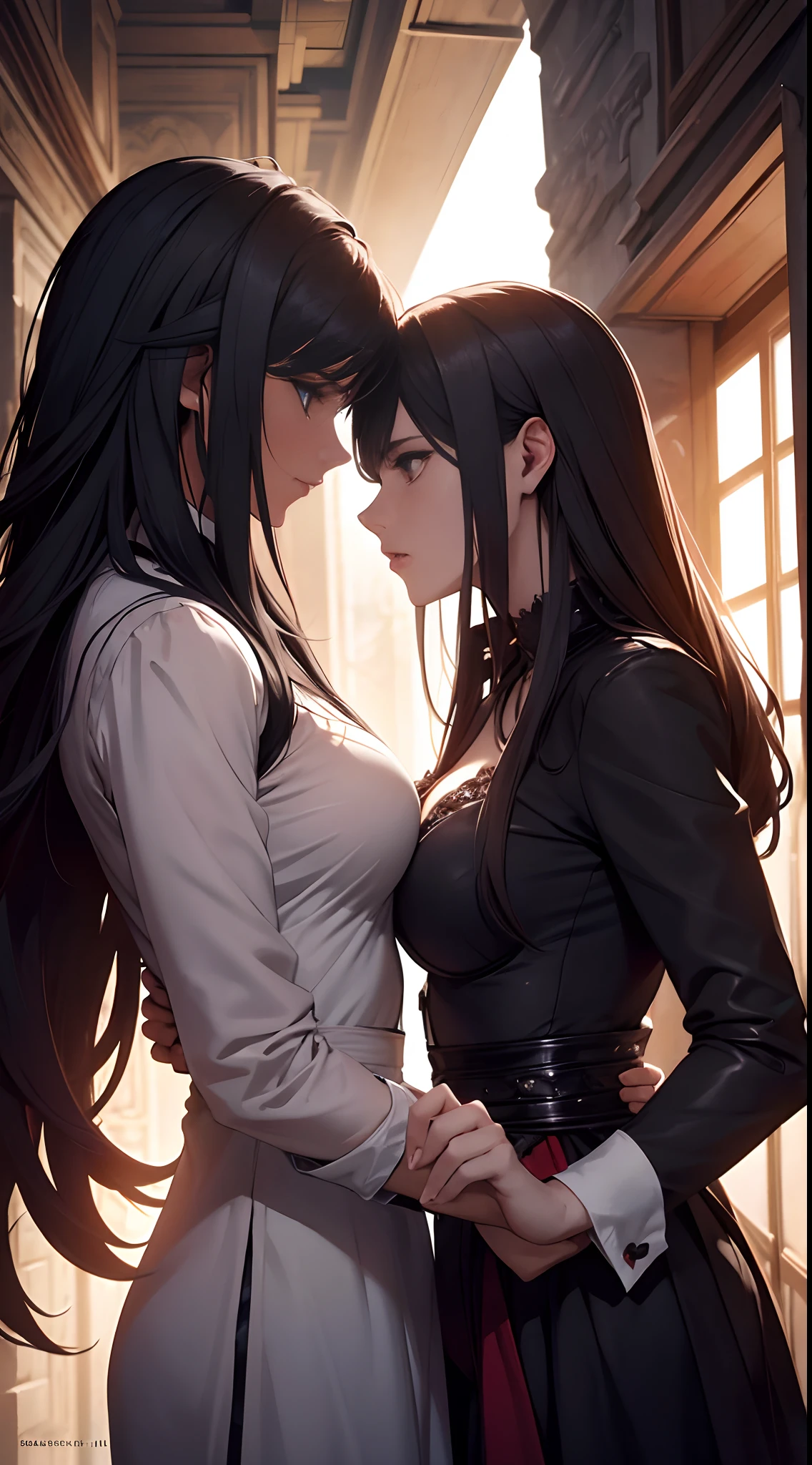 2 woman, lesbian, yuri, lascivious, ecchi, short dark hair, sexy kimono, kissing her friend, bleach anime, in bed, perfect lighting, natural light, detailed background, kuchiki rukia (small boobs, short black messy hair) kissing Orihime Inoue (long redhair, big boobs)