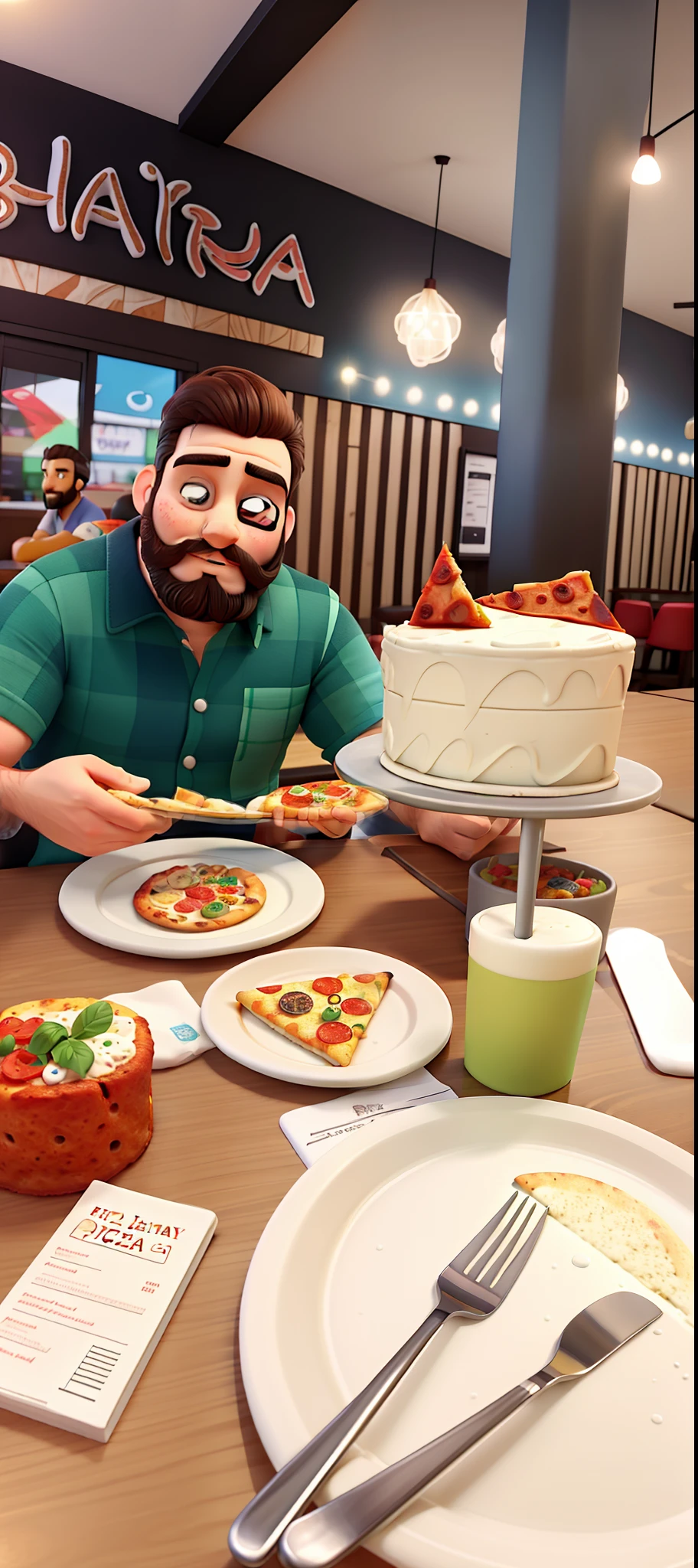 bearded person eating pizza with birthday cake next to in a restaurant