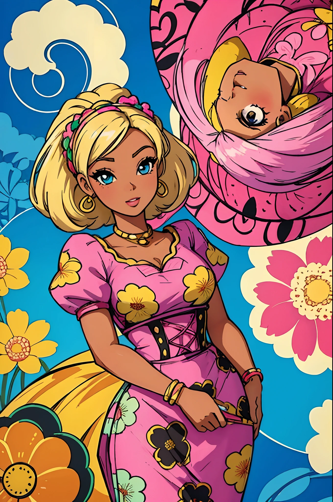 masterpiece, best quality, barbie girl ,barbie woman anime style,cute, wearing african print dress with floral design,african dress,cute,solid color background , style cute
