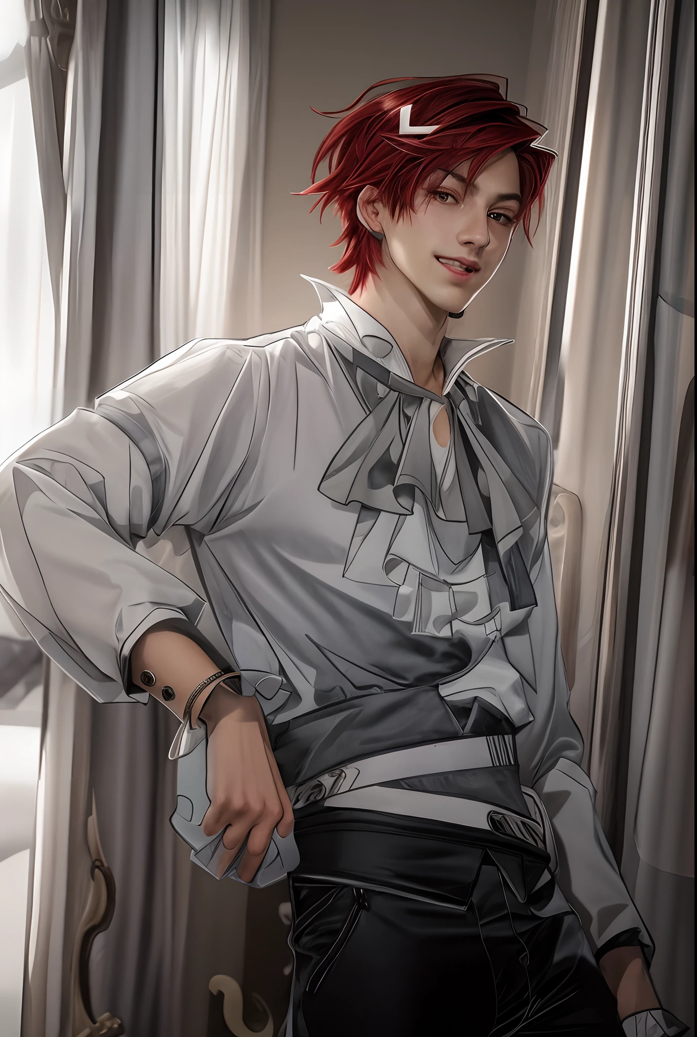 Young European man, red hair, white shirt, black pants, ultra realistic image
