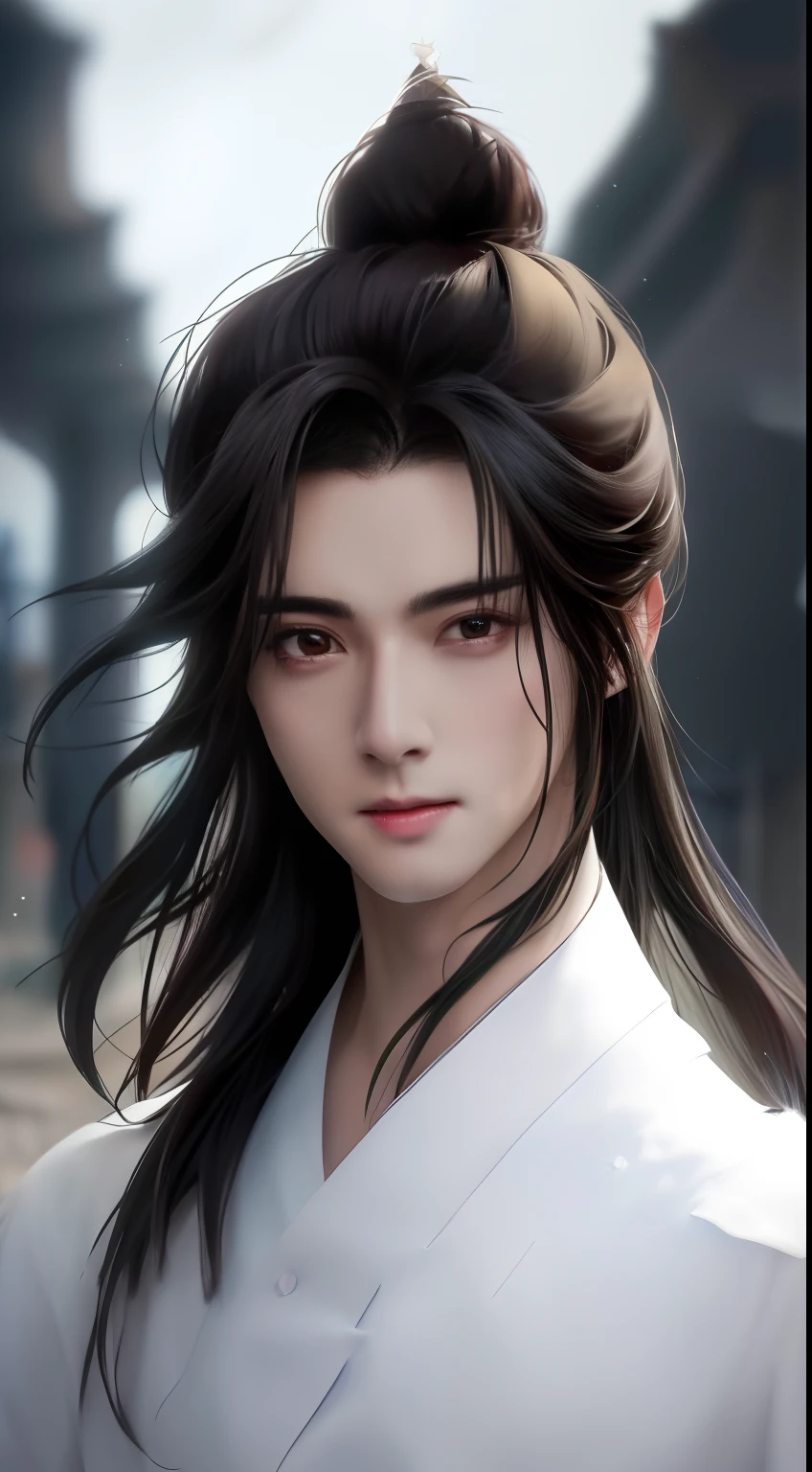 a close up of a person with long hair and a white shirt, handsome guy in demon slayer art, anime handsome man, stunning anime face portrait, cai xukun, heise jinyao, inspired by Zhang Han, by Yang J, beautiful androgynous prince, artwork in the style of guweiz, smooth anime cg art, beautiful anime portrait