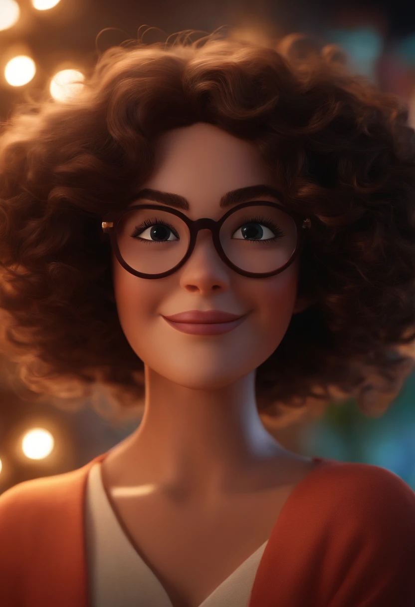 Image de style Pixar avec des lunettes blanches de personnage 3D, femme brune, curly hair, danse, Maquillage Disney,fofo, Charmant, Souriant ,gros plan, Pixar, Disney, Cinema Lighting,