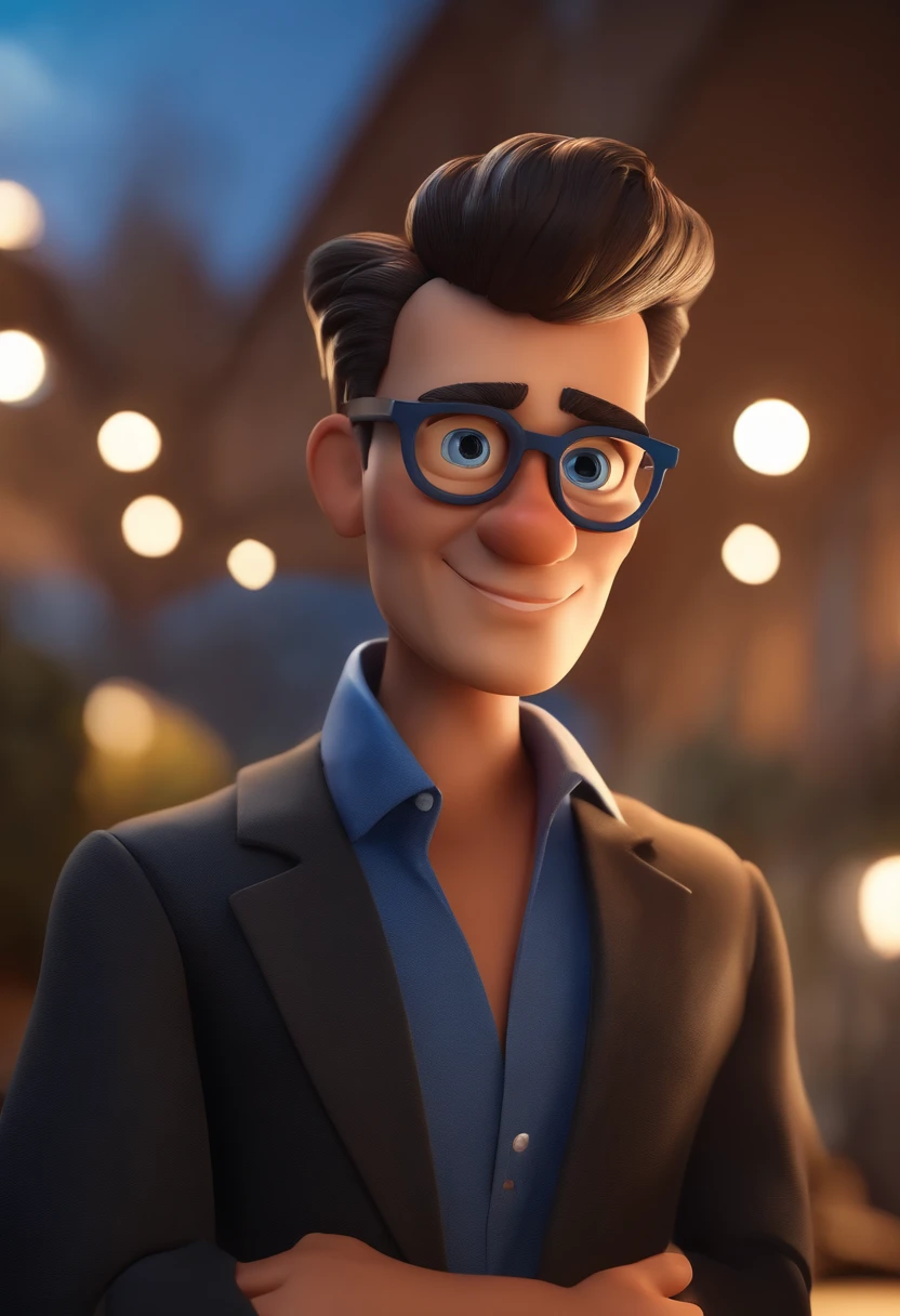 Cartoon character of a man wearing black glasses and a blue shirt, um personagem animado, Caractere estilizado, animation style rendering, 3D estilizado, Arnold Maya render, 3 d render stylized, toon render keyshot, Personagem 3D, Personagem 3D, 3d rendering stylized, 3 d character render, personagem de desenho animado, Personagem de close up, Pose de personagem, (Estilo Pixar) (master part:1.2) (Bokeh) (best quality) (pele detalhada) (textura detalhada) (8k) (argila) (Cinematic lighting) (foco nítido,Senta e vaza a parte superior do corpo
