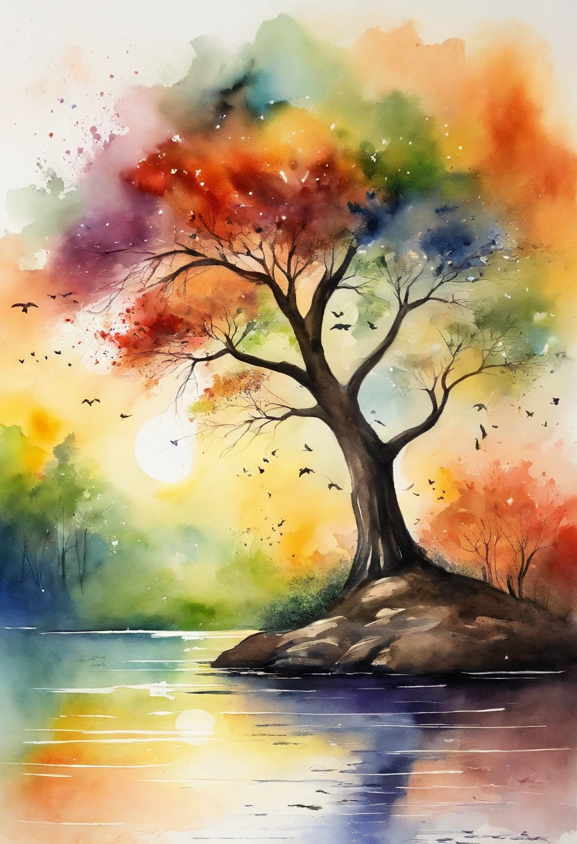 （（A rainbow appears in the sky after the rain）），baiyun, after rainny, rays of sunshine, refractions, Seven colors, Red, Orange, Yellow, Green, Blue, Violet, arc-shaped, A bridge to heaven, llight rays, dream magical, wanting, Calm lake, inverted image, The outline of the tree, Birds fly, freshen, magical, Beautiful natural landscape