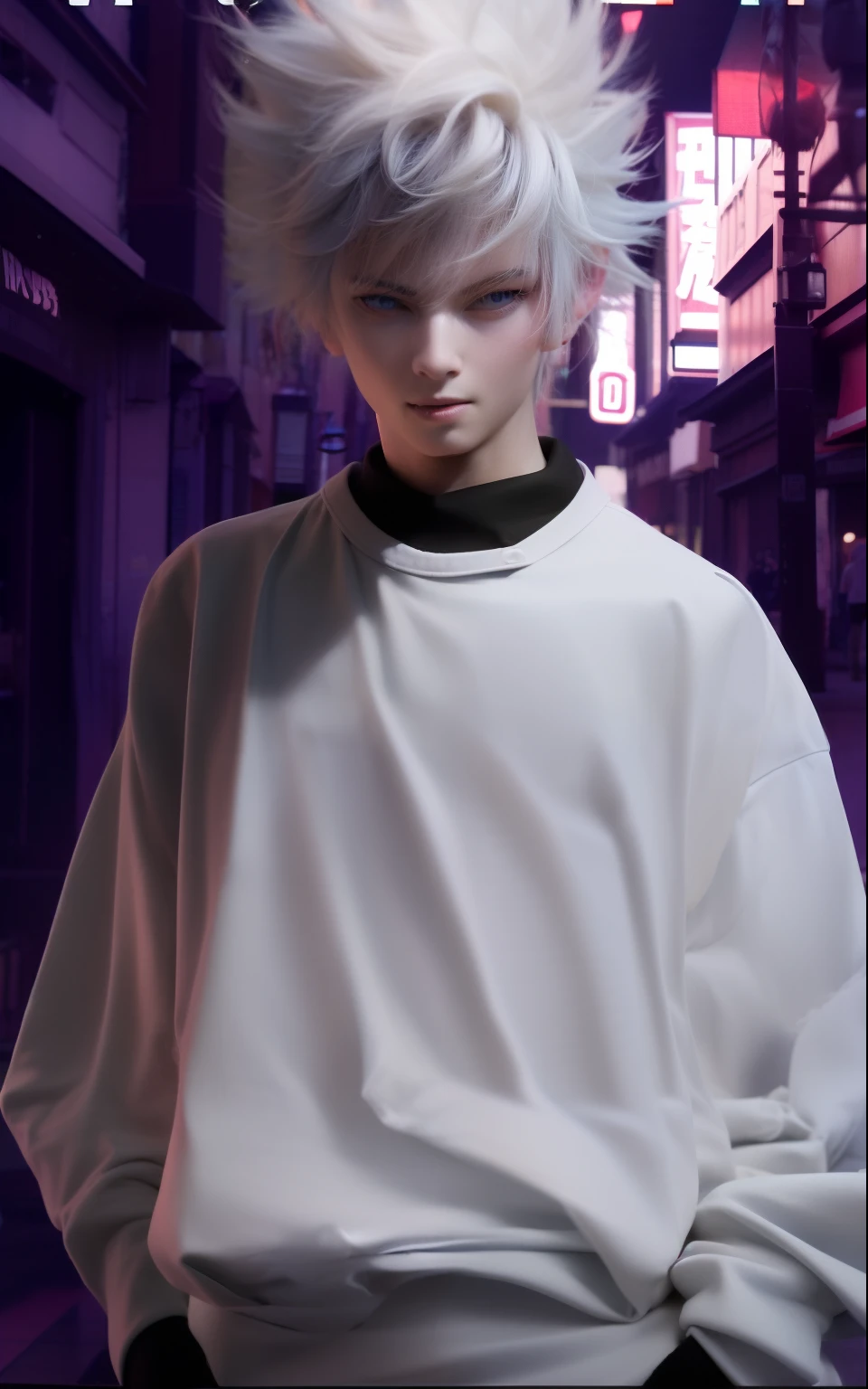 anime character with white hair and blue eyes standing in a street, killua zoldyck portrait, killua zoldyck black hair, realistic anime 3 d style, anime styled 3d, artwork in the style of guweiz, anime realism style, killua zoldyck, tall anime guy with blue eyes, male anime style, male anime character