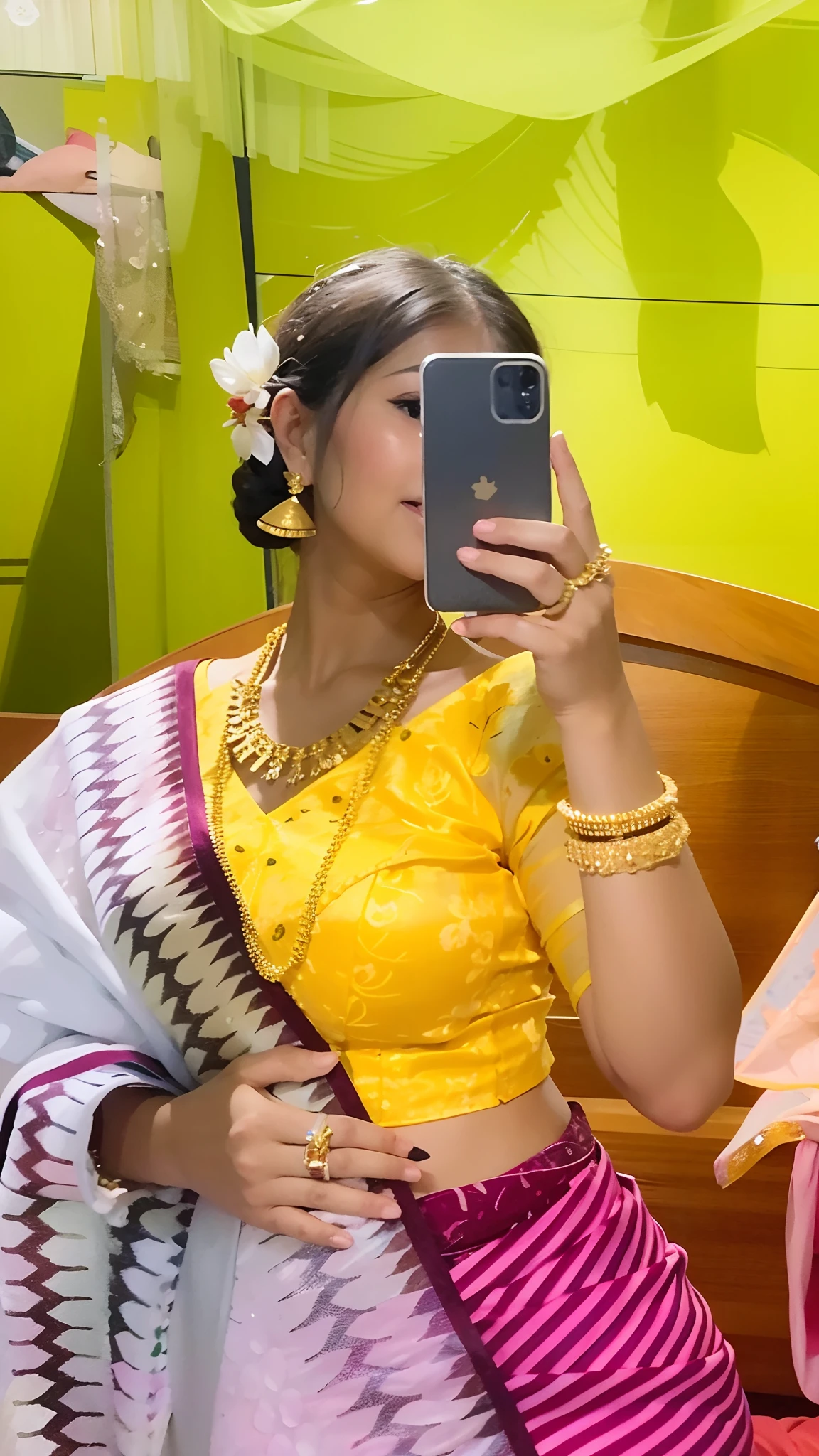 woman in a yellow blouse taking a picture of herself in a mirror, traditional beauty, with yellow cloths, wearing yellow croptop, assamese aesthetic, wearing bihu dress mekhela sador, traditional clothes, candid picture, sukhothai costume, 8k selfie photograph, wearing traditional garb, candid photograph, traditional dress, very very low quality picture