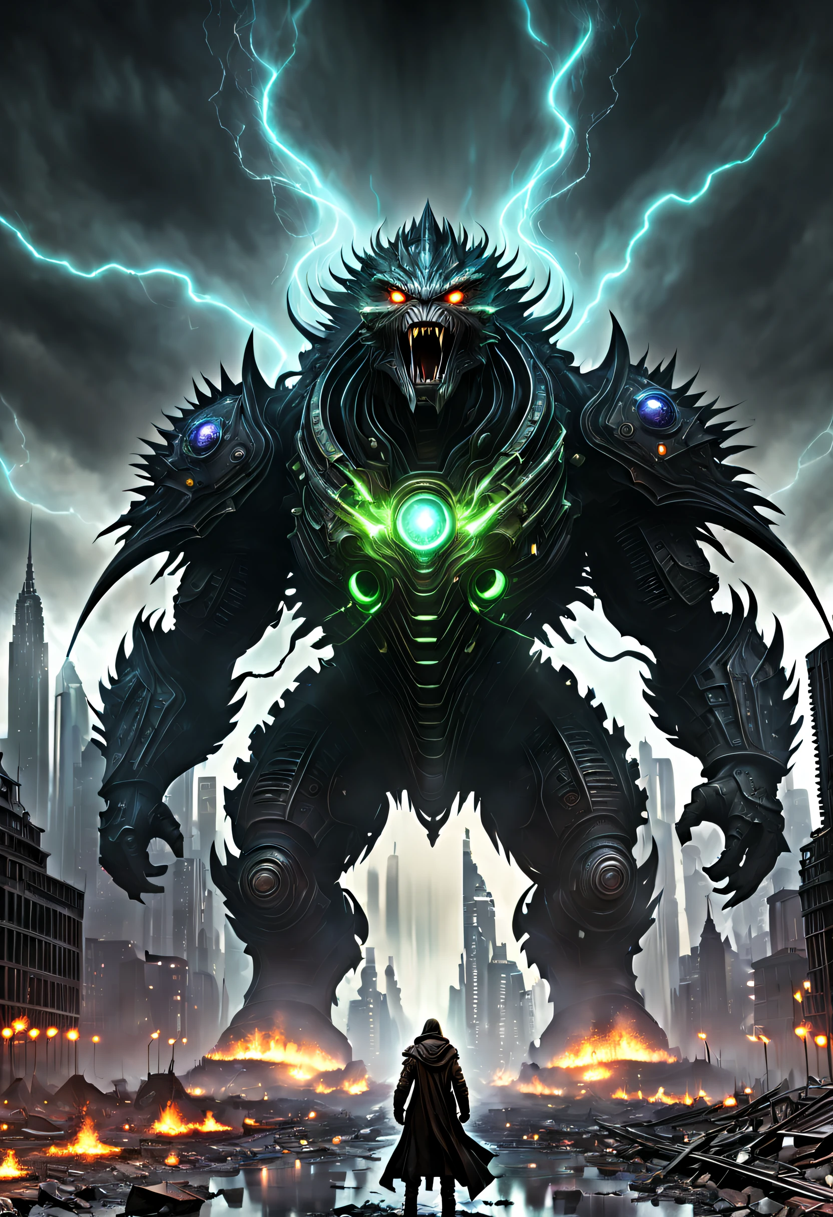 (A high resolution,Best quality), Giant sci-fi creatures,Giant sci-fi beasts,Giant sci-fi monsters, Towering sci-fi entity, Towering alien creatures, Huge aliens,Extraterrestrial creatures on a large scale,Majestic Titanium Sci-Fi,Huge futuristic creatures,Giant sci-fi behemoth, Destroyed metropolis,Devastated city,Ruined cityscape,Dystopian cityscape,Apocalyptic city skyline,The ruins of the wrecked city,The demolished urban environment,Crumbling city streets,Desolate city center, Scattered skyscrapers,Crushed buildings,Infrastructure damage,Roads and bridges were damaged,Crashed vehicle,Falling debris,Burning wreckage,Smoggy air,deserted city, Glowing eyes,sparkle eyes,Fierce eyes,menacing eyes,glowing light eyes,piercing eyes,Powerful eyes,Ominous eyes,Illuminate your eyes, Sharp teeth,Sharp fangs,Fierce jaws,Powerful jaws,Very wide open mouth,Long tongue,Whip the tongue,Slimy saliva,Toxic saliva, Huge feet,Huge stomping,Destructive feet,Huge claws,sharp talons,Crushing force, Scaly covered skin,glistning skin,Thick armored hides,Alien textures,Iridescent surface,Bioluminescent pattern, Dark and dangerous atmosphere,Sinister and contemplative emotions,Ominous and ominous environment,apocalyptic atmosphere,Mysterious and eerie environment, Cinematic lighting,Dramatic lighting,eerie lights,Surreal lighting,Otherworldly lighting, Ominous Shadows,Descending shadows,Creeping shadows, Explosions and sabotage,Holocaust and destruction,Chaos and panic, Epic battles,Heroic resistance,Fight hard to survive, cityscape in ruins,Living in ruins,A huge monster towers over the city, In contrast，In contrast，The city pales in comparison,Cities are playgrounds for creatures, An epic confrontation between monsters and humans, Limited color palette,Dark and moody color scheme, Vibrant neon lights,Pulsating electronic.