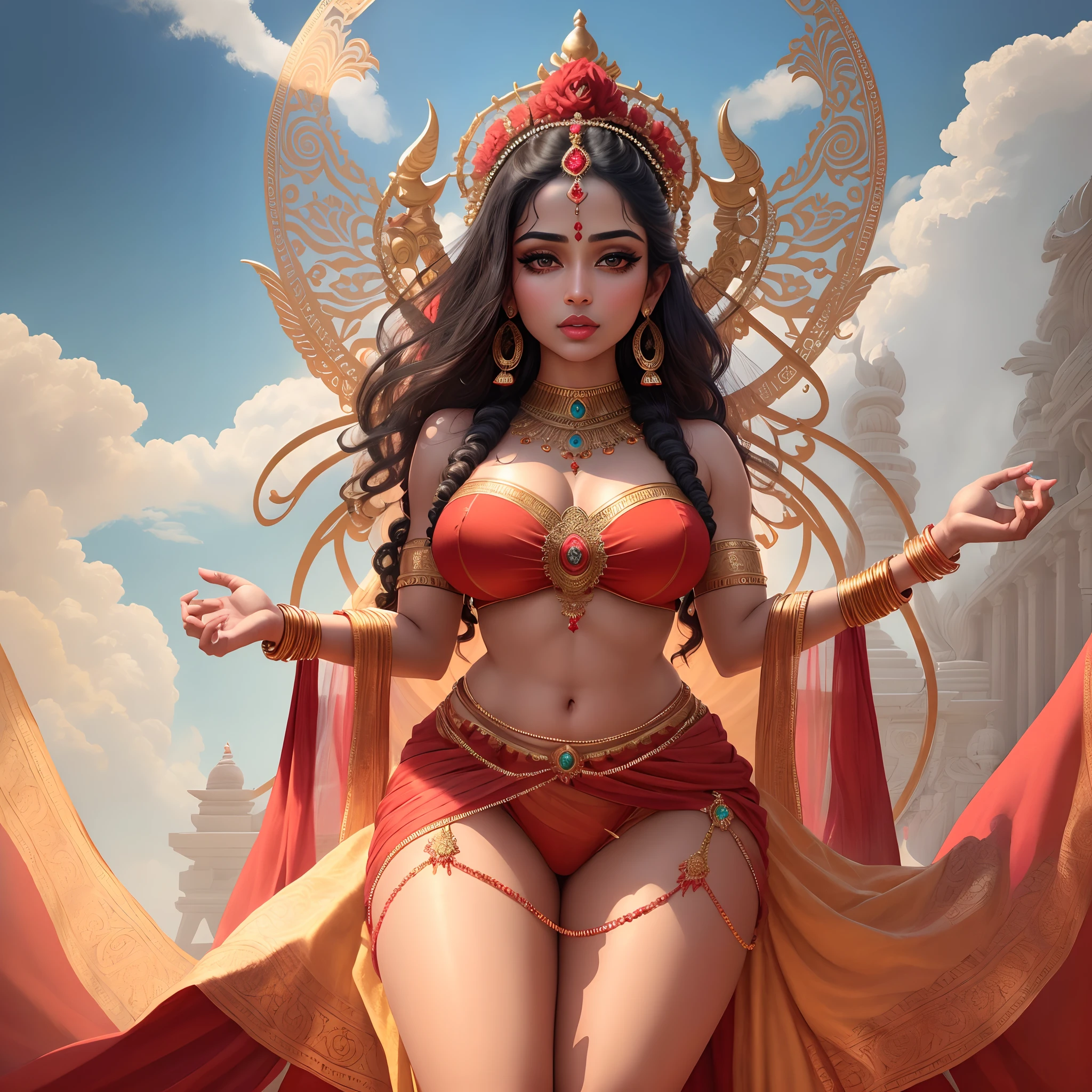 (highly detailed,illustration,intricate,attractive body,beautiful eyes,beautiful lips,extremely detailed face,long eyelashes), ((Full body picture)), cinematic, potrait, dynamic lighting, most beautiful picture, heavenly, woman in a red dress with many arms outstretched, indian goddess, indian goddess of wealth, kali, goddess. extremely high detail, extremely detailed goddess shot, divine goddess, provocative indian, powerful pose, the goddess of fertility, dark goddess with six arms, goddess, giantess art, hindu god, multiple arms stretching out, (best quality,4k,8k,highres,masterpiece:1.2),ultra-detailed,(realistic,photorealistic,photo-realistic:1.37),vivid colors,sharp focus,portraits,landscape,studio lighting, big breasts, NSFW, sexy, sexy thighs, jewelry