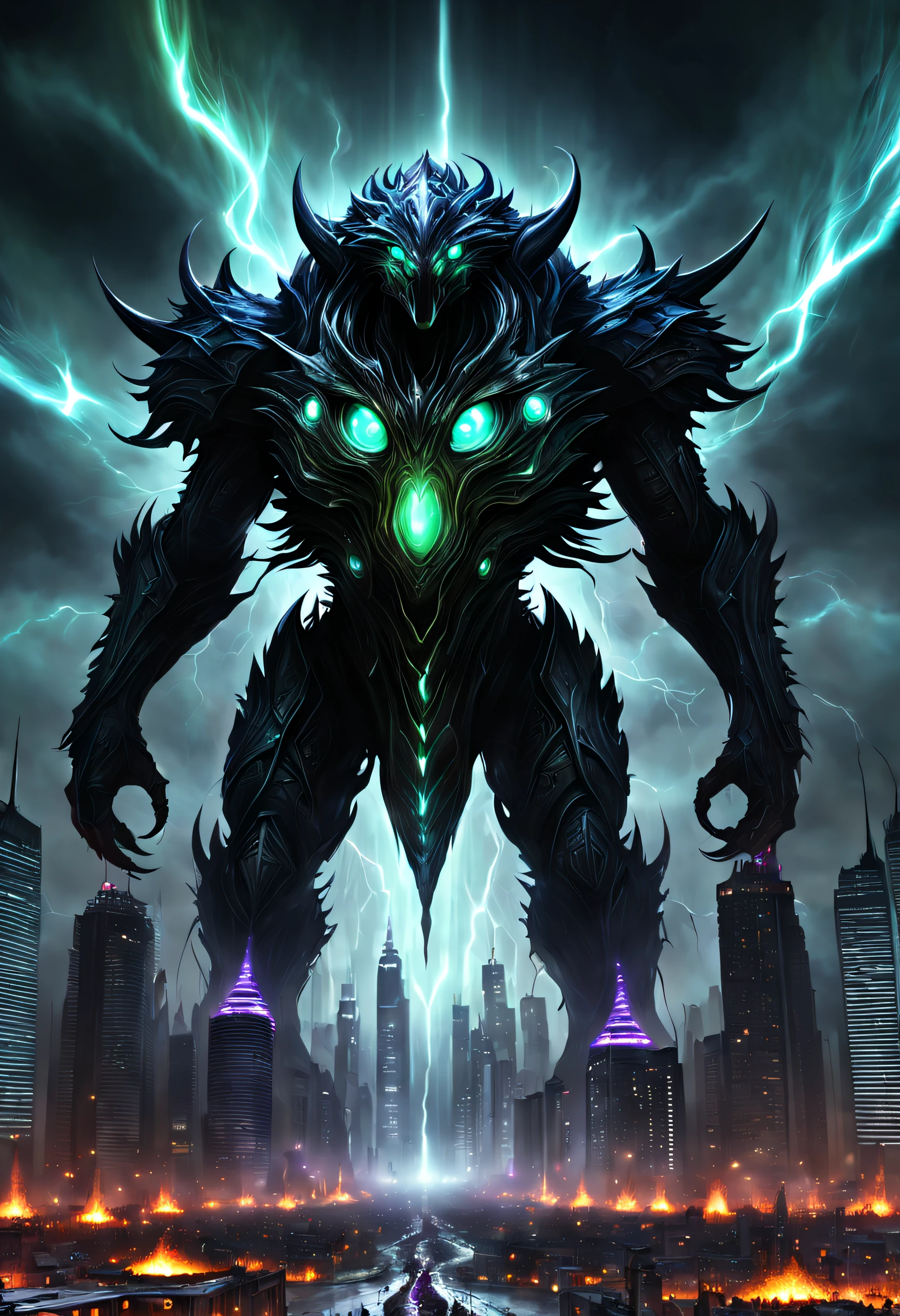 (A high resolution,Best quality), Giant sci-fi creatures,Giant sci-fi beasts,Giant sci-fi monsters, Towering sci-fi entity, Towering alien creatures, Huge aliens,Extraterrestrial creatures on a large scale,Majestic Titanium Sci-Fi,Huge futuristic creatures,Giant sci-fi behemoth, Destroyed metropolis,Devastated city,Ruined cityscape,Dystopian cityscape,Apocalyptic city skyline,The ruins of the wrecked city,The demolished urban environment,Crumbling city streets,Desolate city center, Scattered skyscrapers,Crushed buildings,Infrastructure damage,Roads and bridges were damaged,Crashed vehicle,Falling debris,Burning wreckage,Smoggy air,deserted city, Glowing eyes,sparkle eyes,Fierce eyes,menacing eyes,glowing light eyes,piercing eyes,Powerful eyes,Ominous eyes,Illuminate your eyes, Sharp teeth,Sharp fangs,Fierce jaws,Powerful jaws,Very wide open mouth,Long tongue,Whip the tongue,Slimy saliva,Toxic saliva, Huge feet,Huge stomping,Destructive feet,Huge claws,sharp talons,Crushing force, Scaly covered skin,glistning skin,Thick armored hides,Alien textures,Iridescent surface,Bioluminescent pattern, Dark and dangerous atmosphere,Sinister and contemplative emotions,Ominous and ominous environment,apocalyptic atmosphere,Mysterious and eerie environment, Cinematic lighting,Dramatic lighting,eerie lights,Surreal lighting,Otherworldly lighting, Ominous Shadows,Descending shadows,Creeping shadows, Explosions and sabotage,Holocaust and destruction,Chaos and panic, Epic battles,Heroic resistance,Fight hard to survive, cityscape in ruins,Living in ruins,A huge monster towers over the city, In contrast，In contrast，The city pales in comparison,Cities are playgrounds for creatures, An epic confrontation between monsters and humans, Limited color palette,Dark and moody color scheme, Vibrant neon lights,Pulsating electronic.