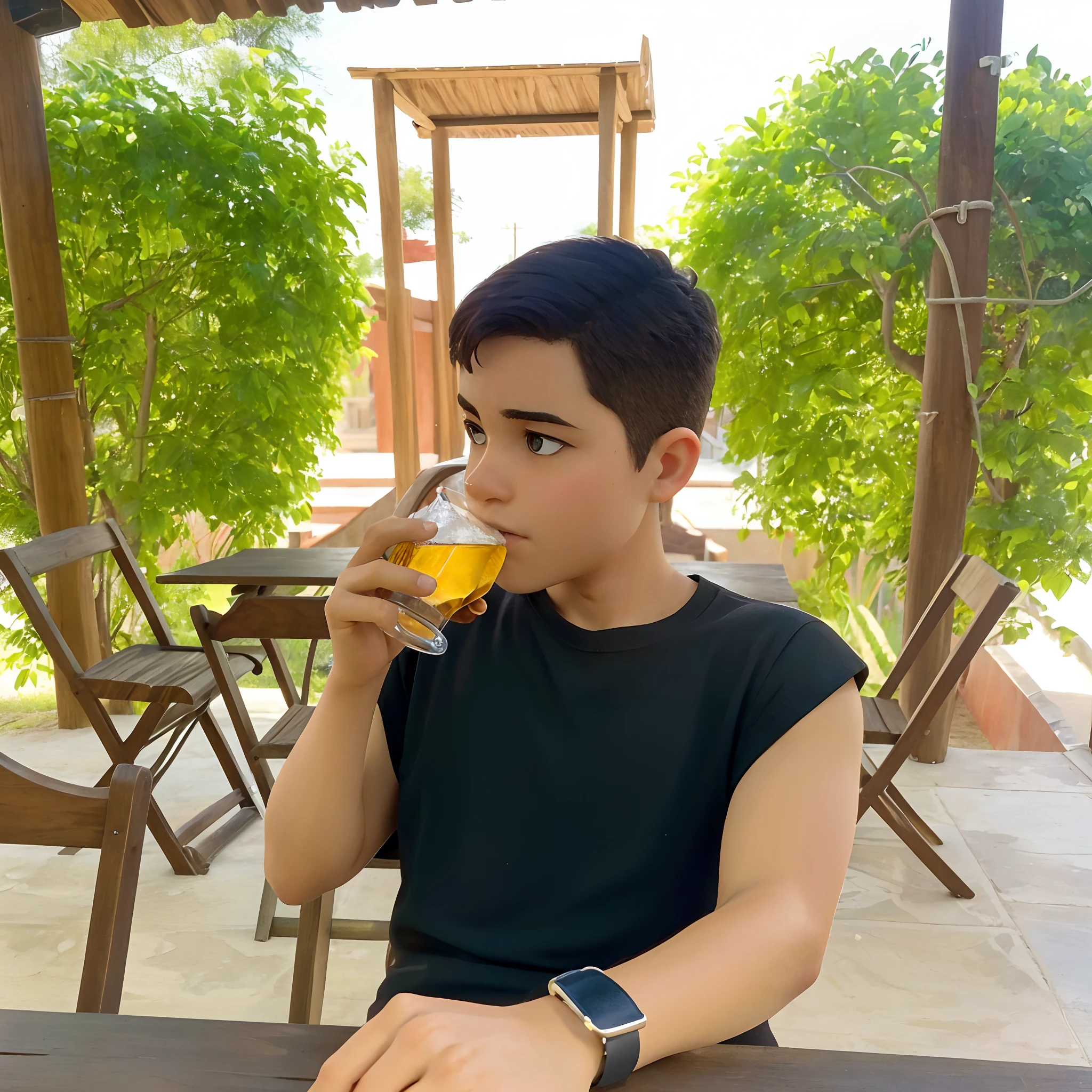 A imagem mostra um menino sentado em um banco de madeira, which is located near a fence. The boy is wearing a black shirt and appears to be looking at the camera. The bench is positioned in the middle of the scene, com a cerca estendendo-se para os lados esquerdo e direito da imagem. The boy's posture and the presence of the bench suggest that this could be a park or a similar outdoor environment.Gere essa imagem no estilo de anima