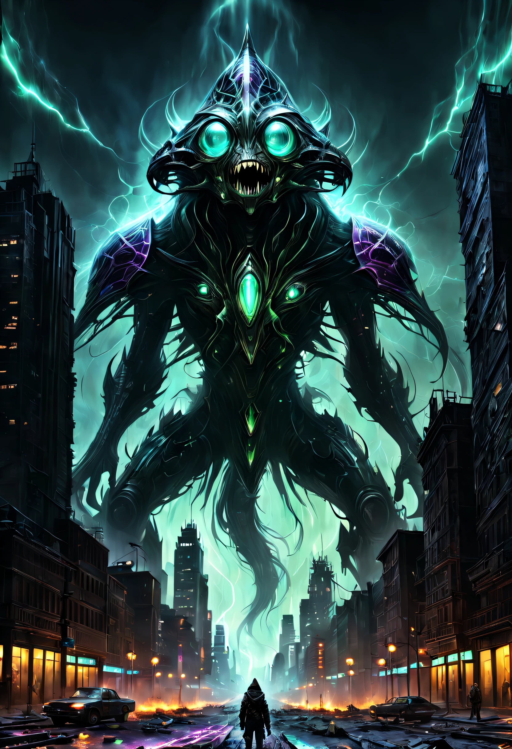 (A high resolution,Best quality), Giant sci-fi creatures,Giant sci-fi beasts,Giant sci-fi monsters, Towering sci-fi entity, Towering alien creatures, Huge aliens,Extraterrestrial creatures on a large scale,Majestic Titanium Sci-Fi,Huge futuristic creatures,Giant sci-fi behemoth, Destroyed metropolis,Devastated city,Ruined cityscape,Dystopian cityscape,Apocalyptic city skyline,The ruins of the wrecked city,The demolished urban environment,Crumbling city streets,Desolate city center, Scattered skyscrapers,Crushed buildings,Infrastructure damage,Roads and bridges were damaged,Crashed vehicle,Falling debris,Burning wreckage,Smoggy air,deserted city, Glowing eyes,sparkle eyes,Fierce eyes,menacing eyes,glowing light eyes,piercing eyes,Powerful eyes,Ominous eyes,Illuminate your eyes, Sharp teeth,Sharp fangs,Fierce jaws,Powerful jaws,Very wide open mouth,Long tongue,Whip the tongue,Slimy saliva,Toxic saliva, Huge feet,Huge stomping,Destructive feet,Huge claws,sharp talons,Crushing force, Scaly covered skin,glistning skin,Thick armored hides,Alien textures,Iridescent surface,Bioluminescent pattern, Dark and dangerous atmosphere,Sinister and contemplative emotions,Ominous and ominous environment,Apocalyptic atmosphere,Mysterious and eerie environment, Cinematic lighting,Dramatic lighting,eerie lights,Surreal lighting,Otherworldly lighting, Ominous Shadows,Descending shadows,Creeping shadows, Explosions and sabotage,Holocaust and destruction,Chaos and panic, Epic battles,Heroic resistance,Fight hard to survive, cityscape in ruins,Living in ruins,A huge monster towers over the city, In contrast，In contrast，In contrast，In contrast，In contrast，In contrast，The city pales in comparison,Cities are playgrounds for creatures, An epic confrontation between monsters and humans, Limited color palette,Dark and moody color scheme, Vibrant neon lights,Pulsating electrons.