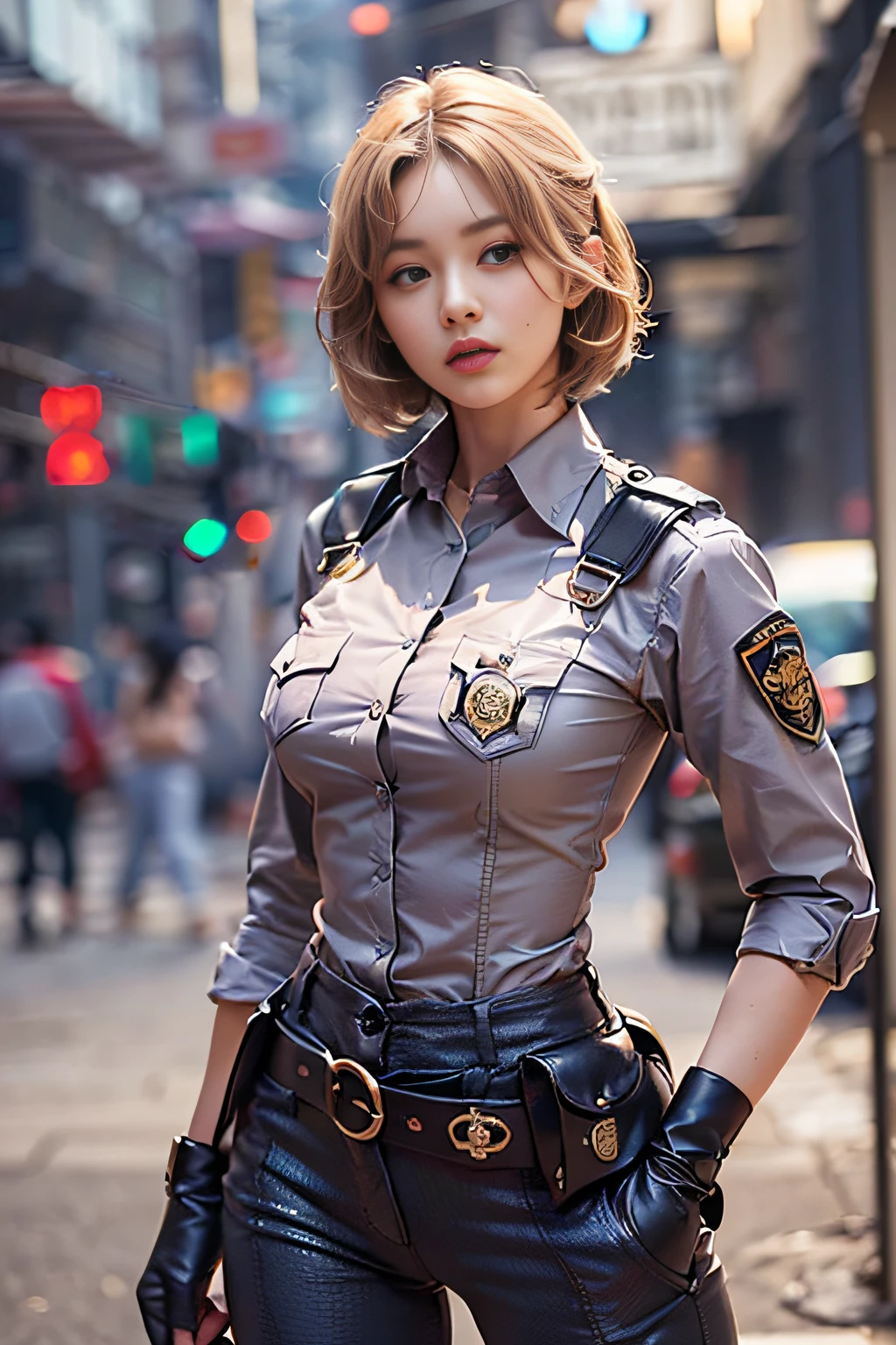 (8k、Highest quality、masterpiece:1.2)、An innocent 20-year-old girl、((Police Girl, Sexy police uniform, skirt, Cute and elegant, Dramatic Pose)),nightの街の背景,Shortcuts、RAW Photos, ((Glowing Skin 1.5)),(Intricate details:1.4)、(Realistic:1.4)、Octane Rendering、Complex 3D rendering with ultra-detail, Studio Soft Light, Rim Light, Standing posture,Sharp details, Super Detail, detailed aspects, Beautiful details in the eyes, Highly detailed CG Unity 16k wallpaper, Compensate, (Detailed Background:1.2), Glowing Skin, whole body,Put your hands down、Spread your legs, (Blonde 1.6), Sexy police officer in uniform, night, Facial details, from the front, Get your gun ready?, refer