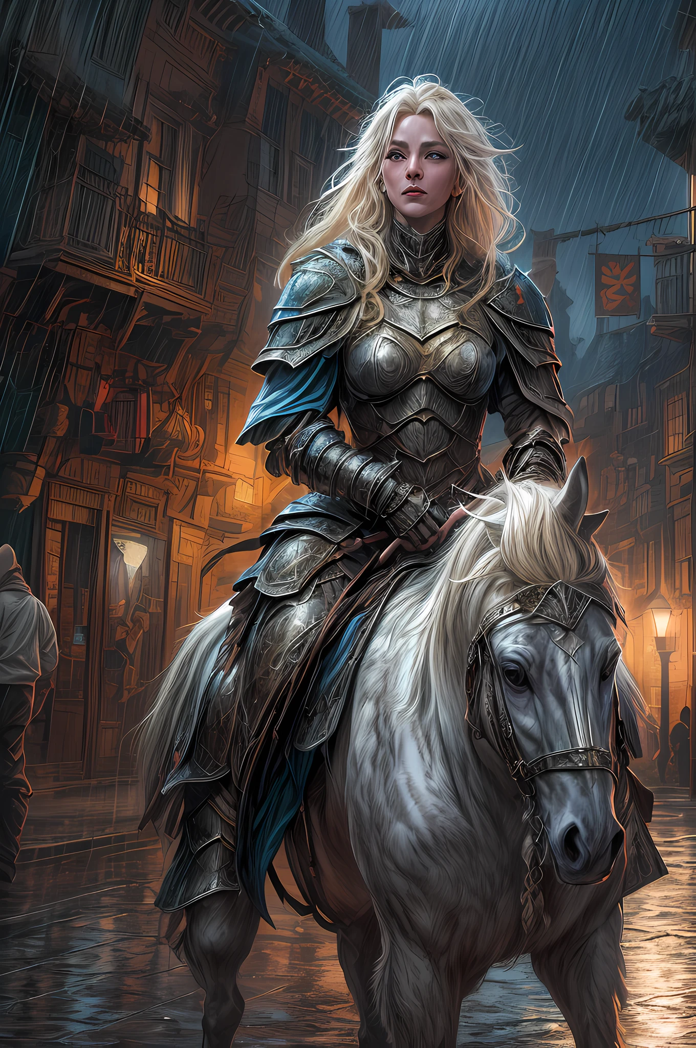 fantasy art, RPG art, high details, best quality, 16k, RAW, [best detailed], masterpiece, best quality, (extremely detailed), (full body: 1.2), ultra wide shot, photorealistic, a (noble woman knight: 1.3) rides his horse in the dark streets of a medieval town, its raining heavy rain, the rain drops on the noble knight, drops on the street, puddles in the street,  the  knight wears (heavy armor :1.3), (white armor: 1.3) , wearing (purple cloak: 1.3), beautiful woman knight, long hair, blond hair, braided hair, noble face, green eyes, armed with a (intricate sword: 1.3), the street is dark, lit by torches, a (fantasy temple: 1.2) in the background, fantasy urban town setting, cloudy night, full red moon,