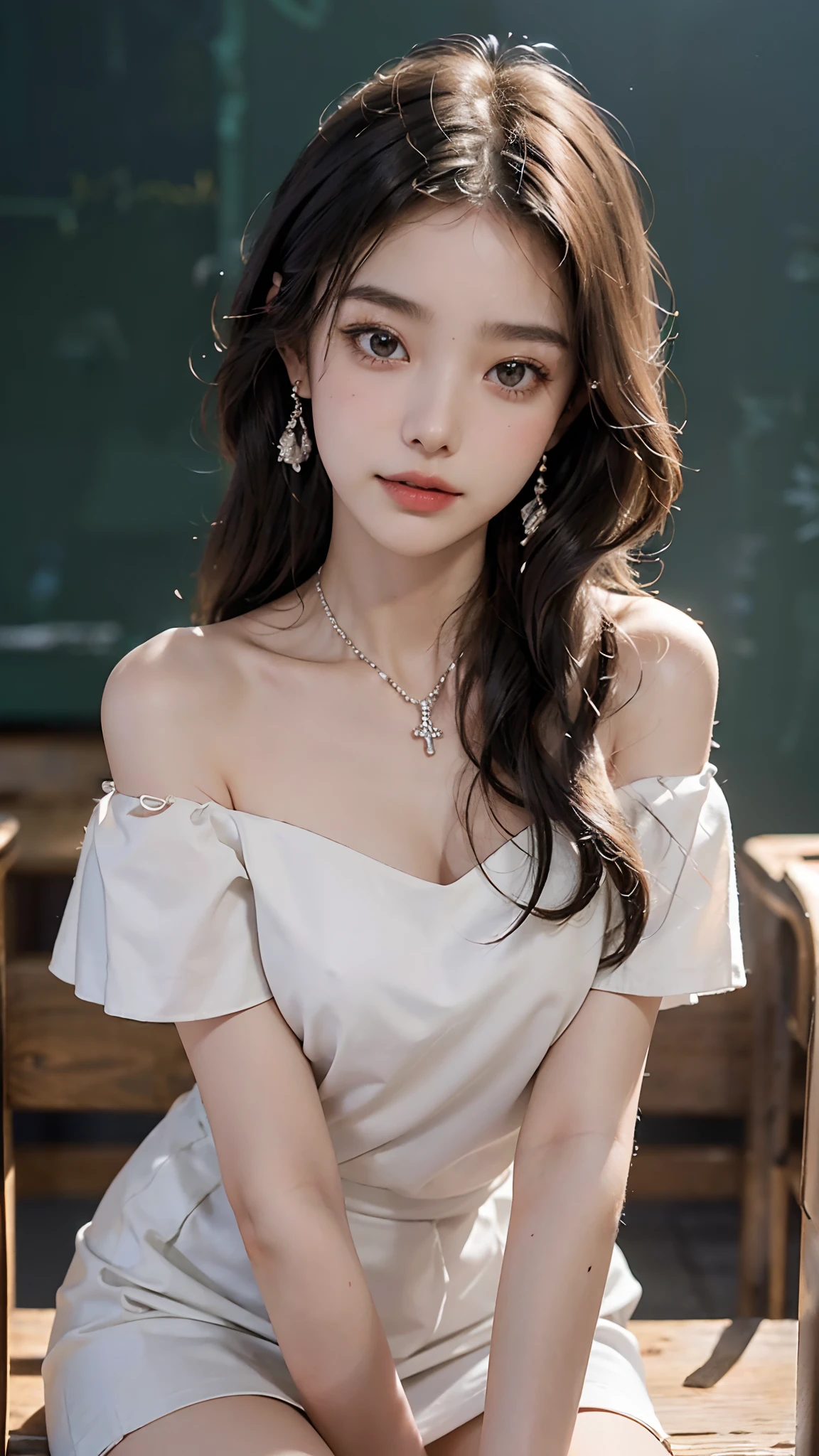 ((cowboy shot)), A young girl, (Sit Pose, Sit at a classroom desk), Cross ed leg, posing elegantly, ((off shoulder clothes)), ((White color blouse, black short skirt)), Detailed scenes, Long messy hair, Brownish-yellow hair, light make-up, Blushlush, pretty legs, ((warm lights, a warm color palette)), (Extremely high color saturation), Detailed details, ultra-detailliert, (tmasterpiece, best qualtiy), (An extremely delicate and beautiful work), Delicate earrings, Delicate necklace, Simple blurred background, Extreme detail description, Ultra-fine painting, Delicate face, slim toned body, Slimming the waist, (grin), (anatomy correct)
