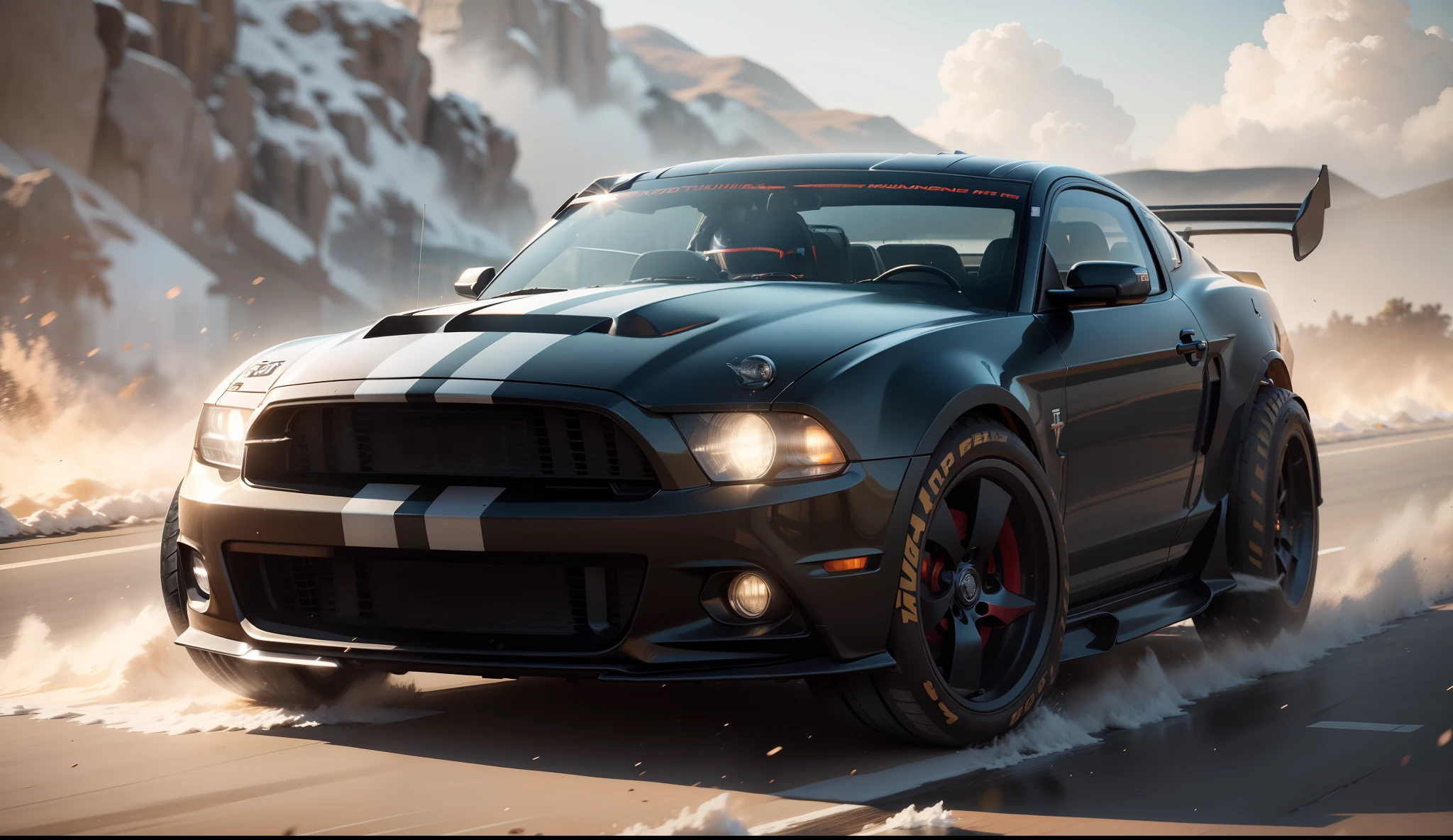 Necessidade de velocidade, Mustang preto esportivo 70's, With driver driving in helmet and racing goggles with hands on steering wheel, correndo pela rua molhada, quase, spreading water on the street, hyper realistic, motion blur, blurry background, altamente detalhado, divine proportion, (((Enquadrado))), perfect composition, perfect lighting, octan render, 8k, Artistic photography, trending on ArtStation, foco nítido, Studio photo, detalhes intrincados, altamente detalhado, Directed by: Greg Rutkowski