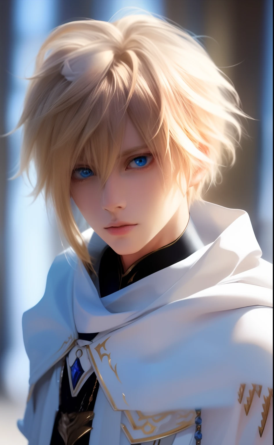 a close up of a person with a white coat and blue eyes, stunning anime face portrait, anime boy, beautiful androgynous prince, portrait of magical blond prince, detailed anime character art, male anime character, detailed digital anime art, blonde boy with yellow eyes, beautiful anime portrait, tall anime guy with blue eyes, delicate androgynous prince, digital anime art