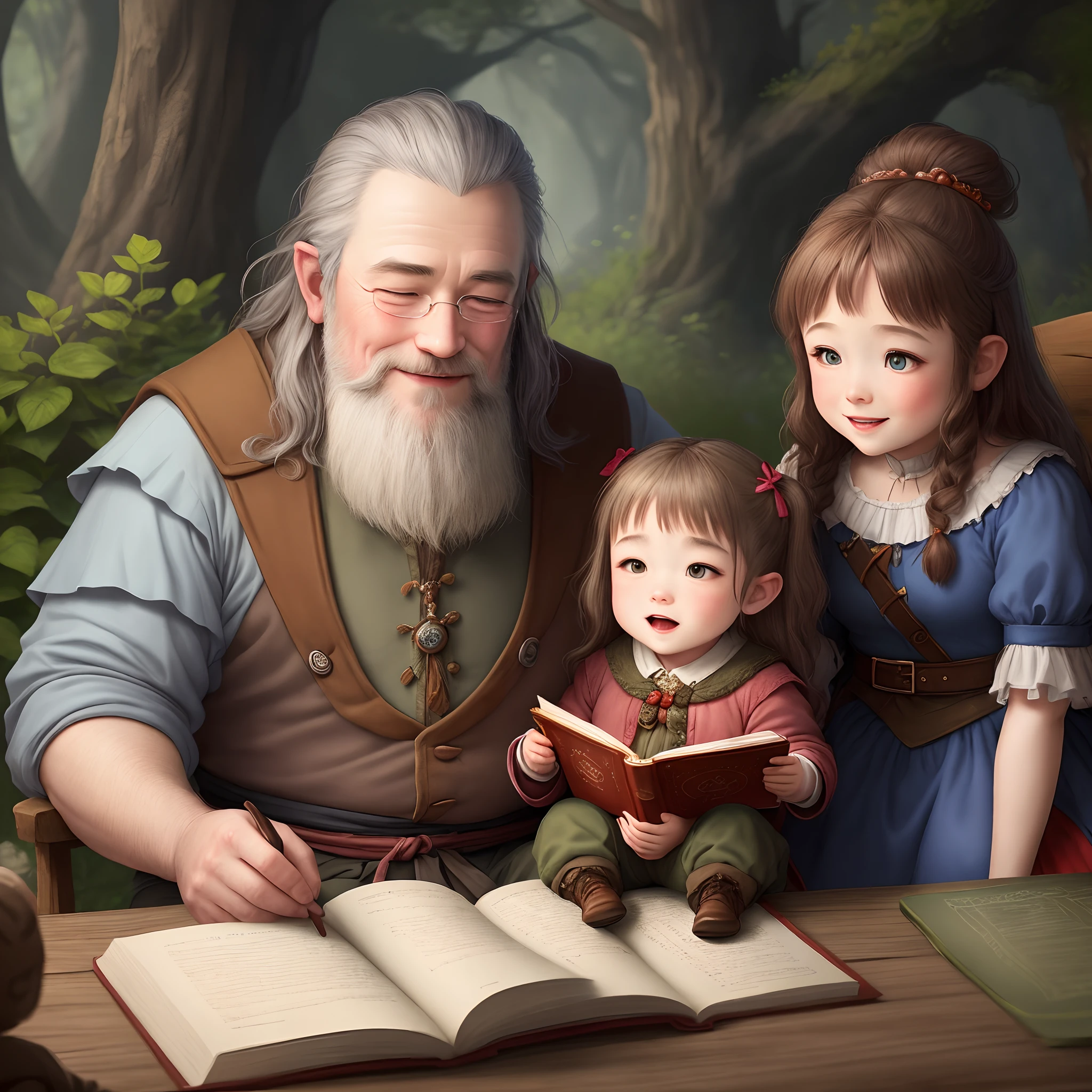 A kind dwarf reads a fairy tale to two