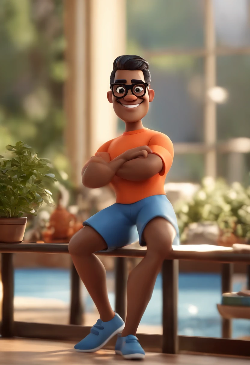 Cartoon character of a man wearing black glasses and a blue shirt, um personagem animado, Caractere estilizado, animation style rendering, 3D estilizado, Arnold Maya render, 3 d render stylized, toon render keyshot, Personagem 3D, Personagem 3D, 3d rendering stylized, 3 d character render, personagem de desenho animado, Personagem de close up, Pose de personagem, (Estilo Pixar) (master part:1.2) (Bokeh) (best quality) (pele detalhada) (textura detalhada) (8k) (argila) (Cinematic lighting) (foco nítido,Senta e vaza a parte superior do corpo