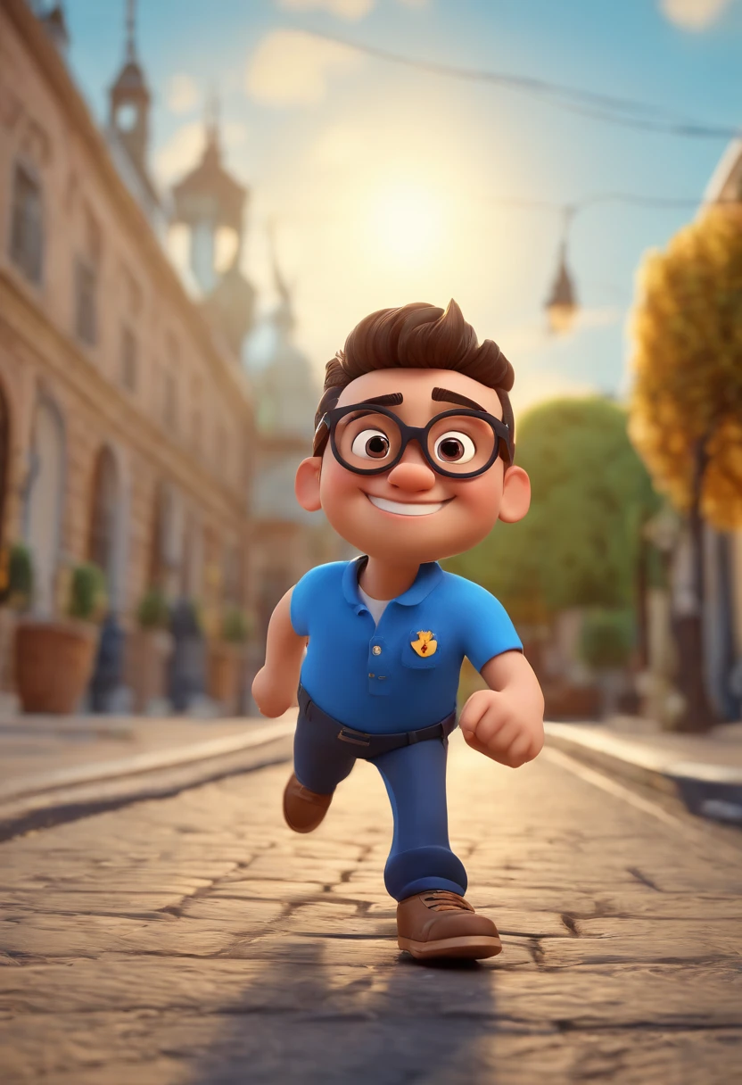 Cartoon character of a man wearing black glasses and a blue shirt, um personagem animado, Caractere estilizado, animation style rendering, 3D estilizado, Arnold Maya render, 3 d render stylized, toon render keyshot, Personagem 3D, Personagem 3D, 3d rendering stylized, 3 d character render, personagem de desenho animado, Personagem de close up, Pose de personagem, (Estilo Pixar) (master part:1.2) (Bokeh) (best quality) (pele detalhada) (textura detalhada) (8k) (argila) (Cinematic lighting) (foco nítido,Senta e vaza a parte superior do corpo