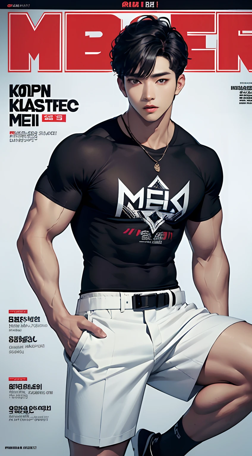 masterpiece, top quality, intricate detail, magazine front page, Korean men's health magazine, Magazine's Title with black color font, christmas issue, a young handsome boy with short pants, T shirt, tall muscle, ((abs)), Kpop idol, looking at camera, beautiful face, white background, fashion model, Kpop boy's group member, fashionable damage short pants, ikemen