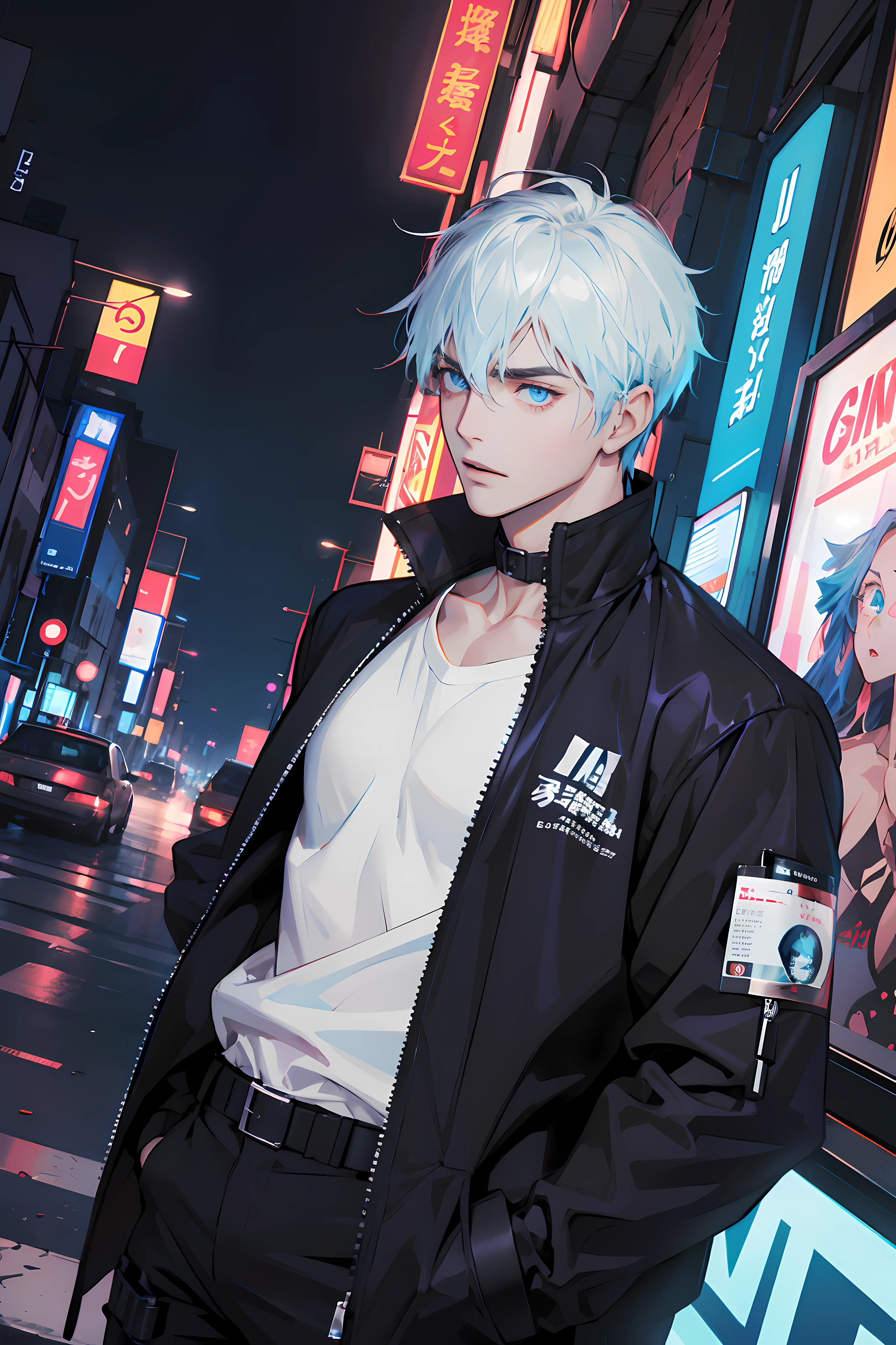 (absurdres, highres, ultra detailed, anime style), 1boy, adult, handsome, tall muscular guy, broad shoulders, finely detailed eyes, black hair, short hair, hair between eyes, crystal blue eyes, holographic, black coat, gun holster, chest strap, white shirt, portrait, intense run, speed, neon-lit night city, neon sign, skyscraper, Cyan, Magenta, (dutch angle), long face, closed mouth