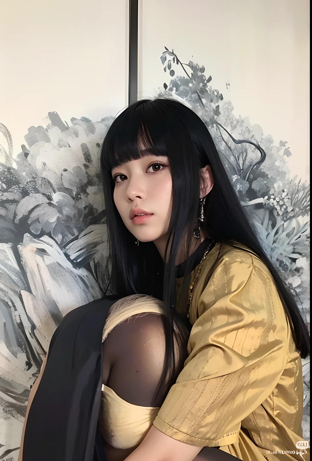 um close up de uma mulher sentada em uma cama com uma mochila, preto hime corte cabelo, Ela tem cabelo preto com franja, O corte Hime, cabelo comprido com franja completa, cabelo preto longo com franja, com franja completa, branco hime corte penteado, Sui Ishida com cabelo preto, Xision Wu, Shikami, cabelos longos com franja, com franja